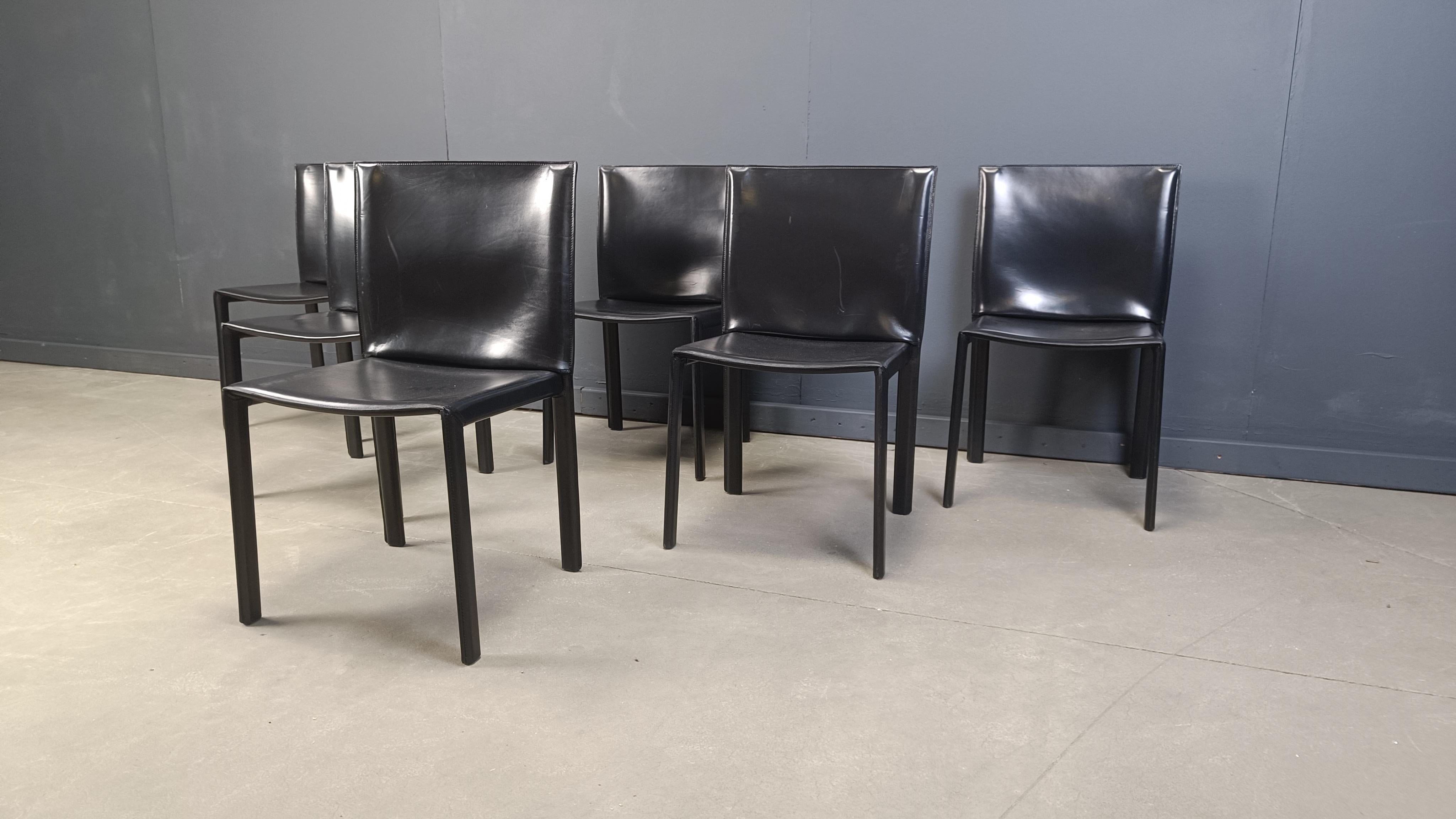 Vintage Pasqualine leather dining chairs by Enrico Pellizzoni, 1980s - set of 6 1