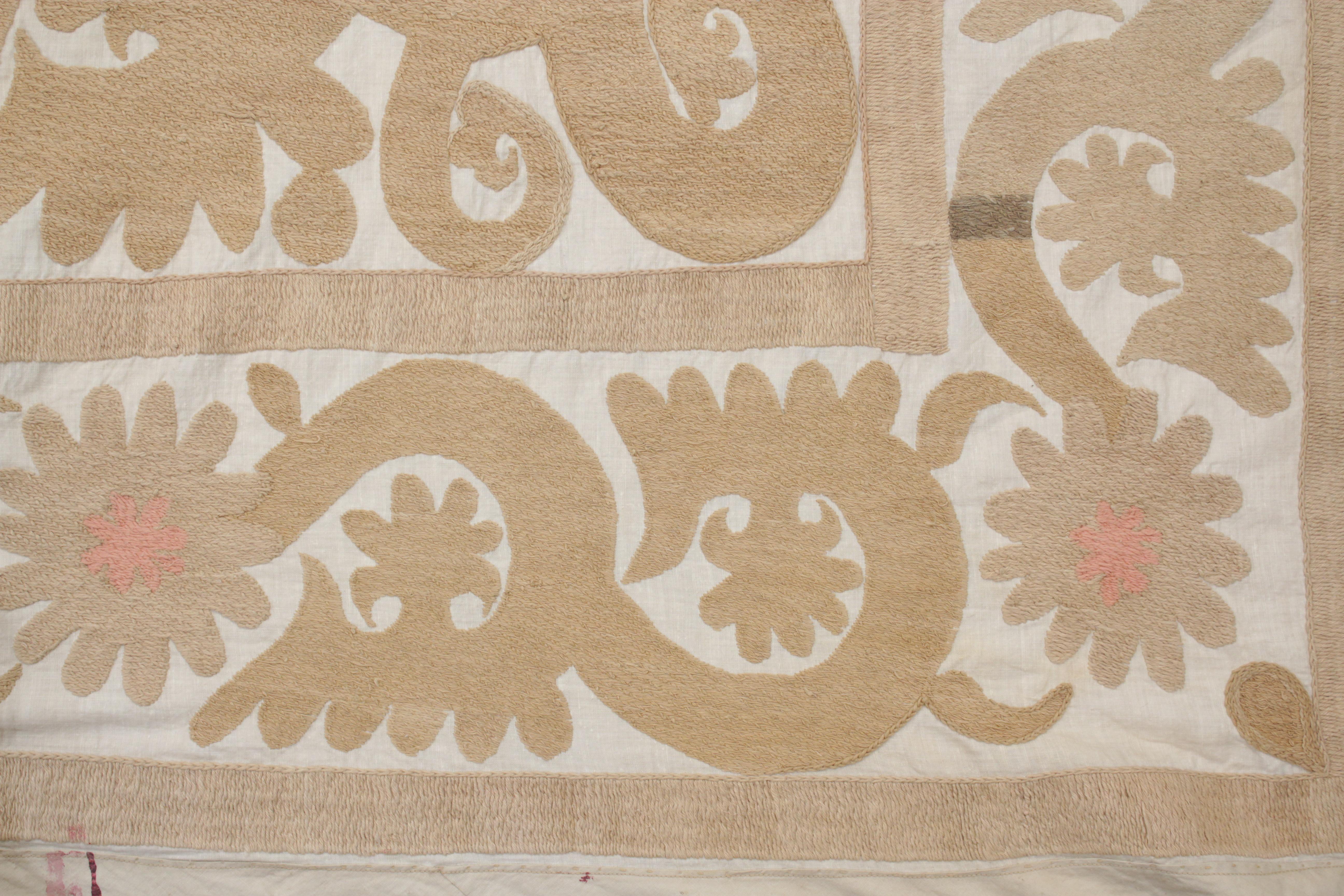 Vintage Pastel Coloured Central Asian Suzani Embroidery For Sale 2