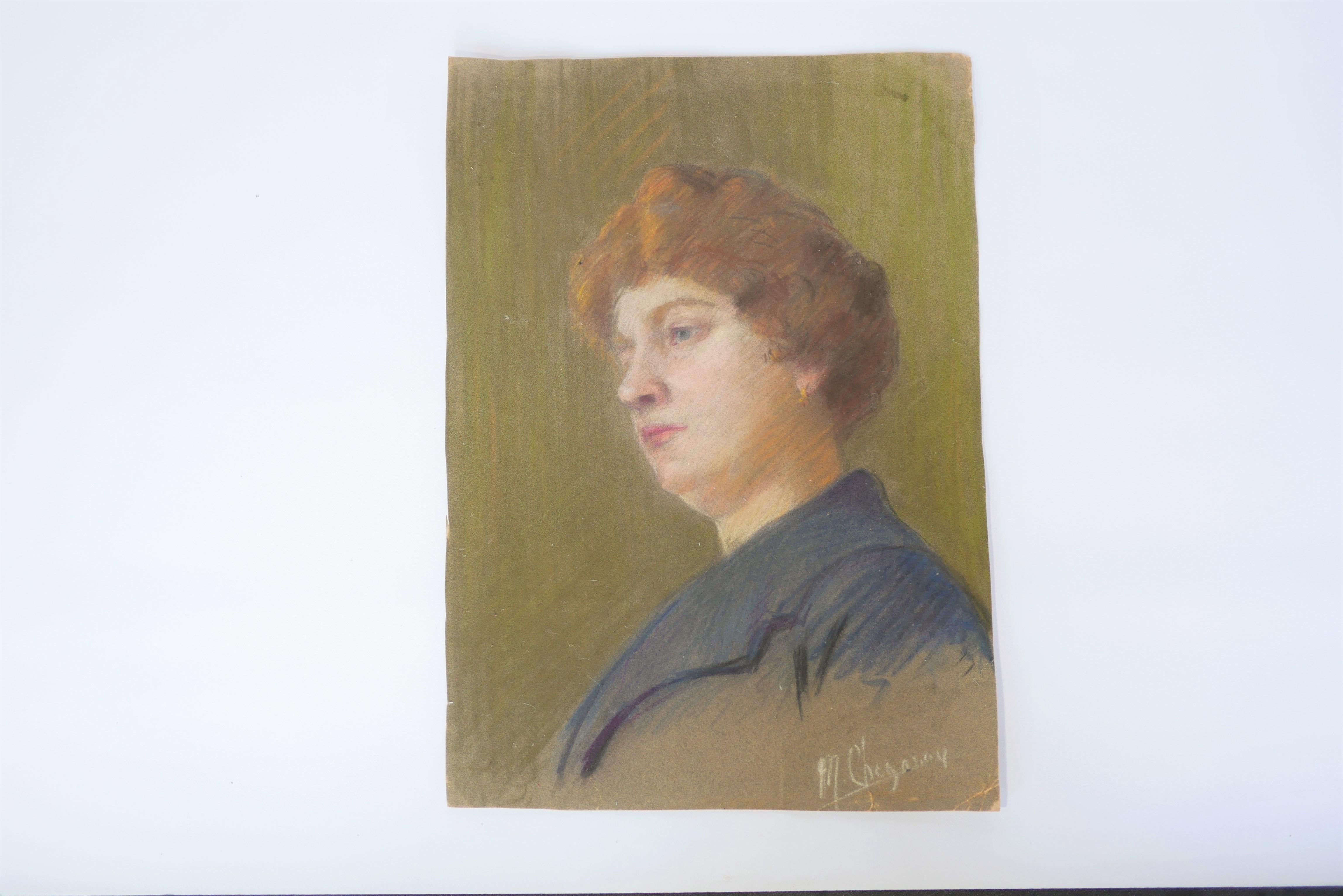 Vintage Pastel Crayon Portrait In Good Condition For Sale In AIGNAN, FR