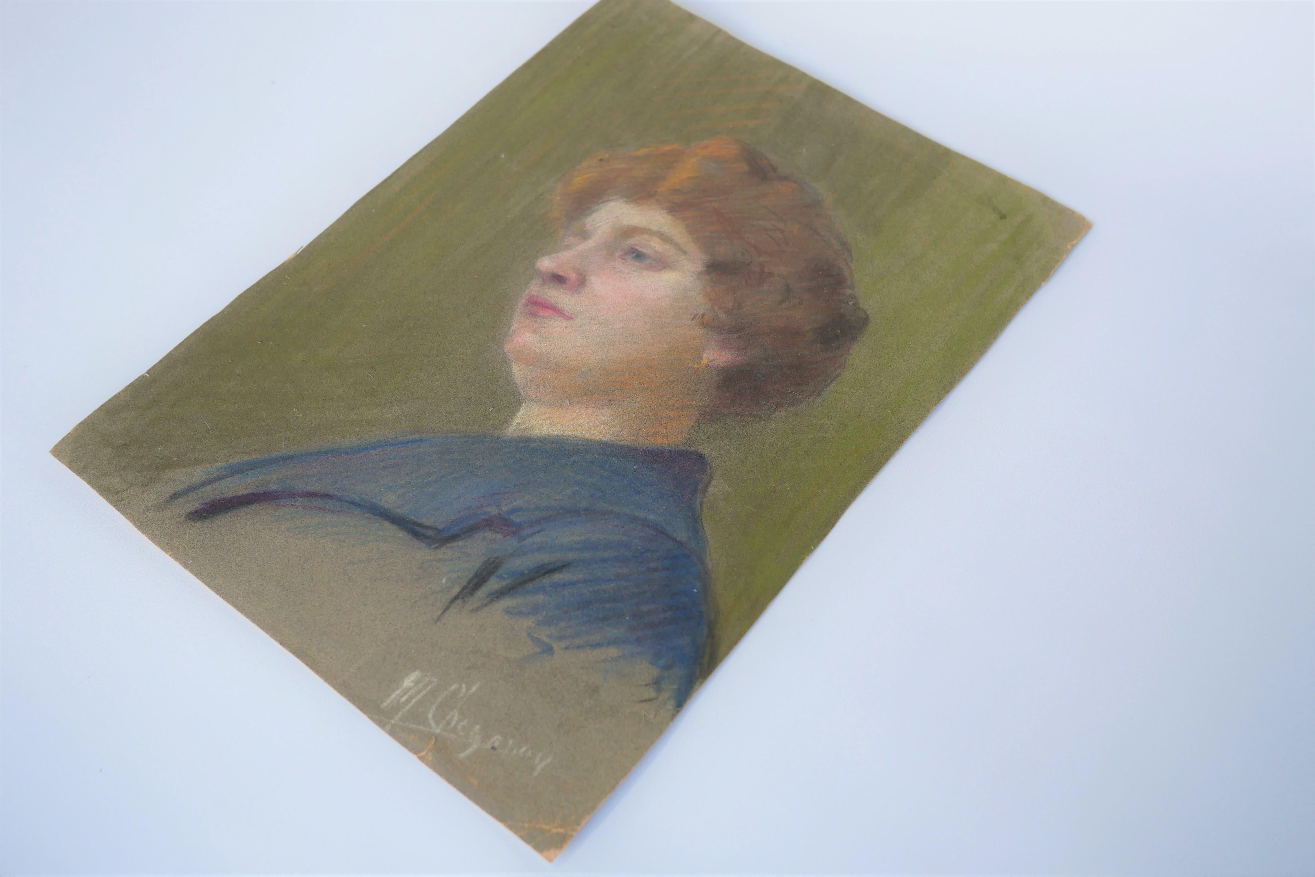 Vintage Pastel Crayon Portrait For Sale 1