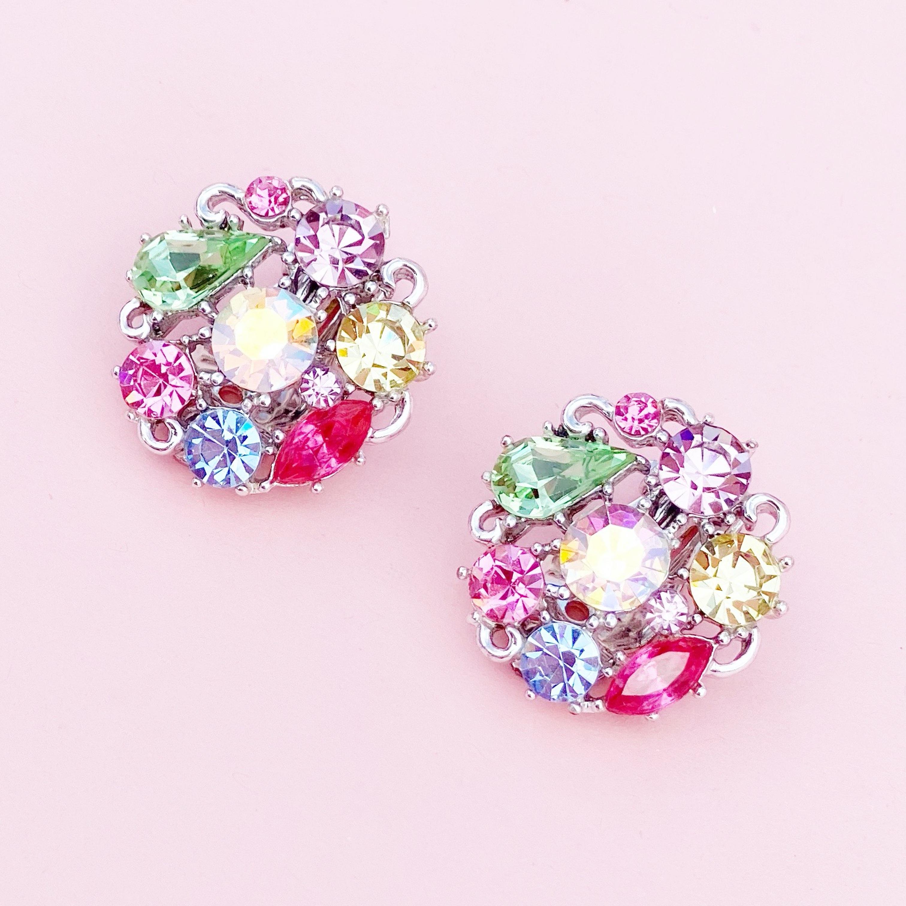 Vintage Pastel Crystal Rhinestone Fruit Salad Cocktail Earrings By Lisner, 1960s In Excellent Condition In McKinney, TX