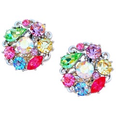 Vintage Pastel Crystal Rhinestone Fruit Salad Cocktail Earrings By Lisner, 1960s