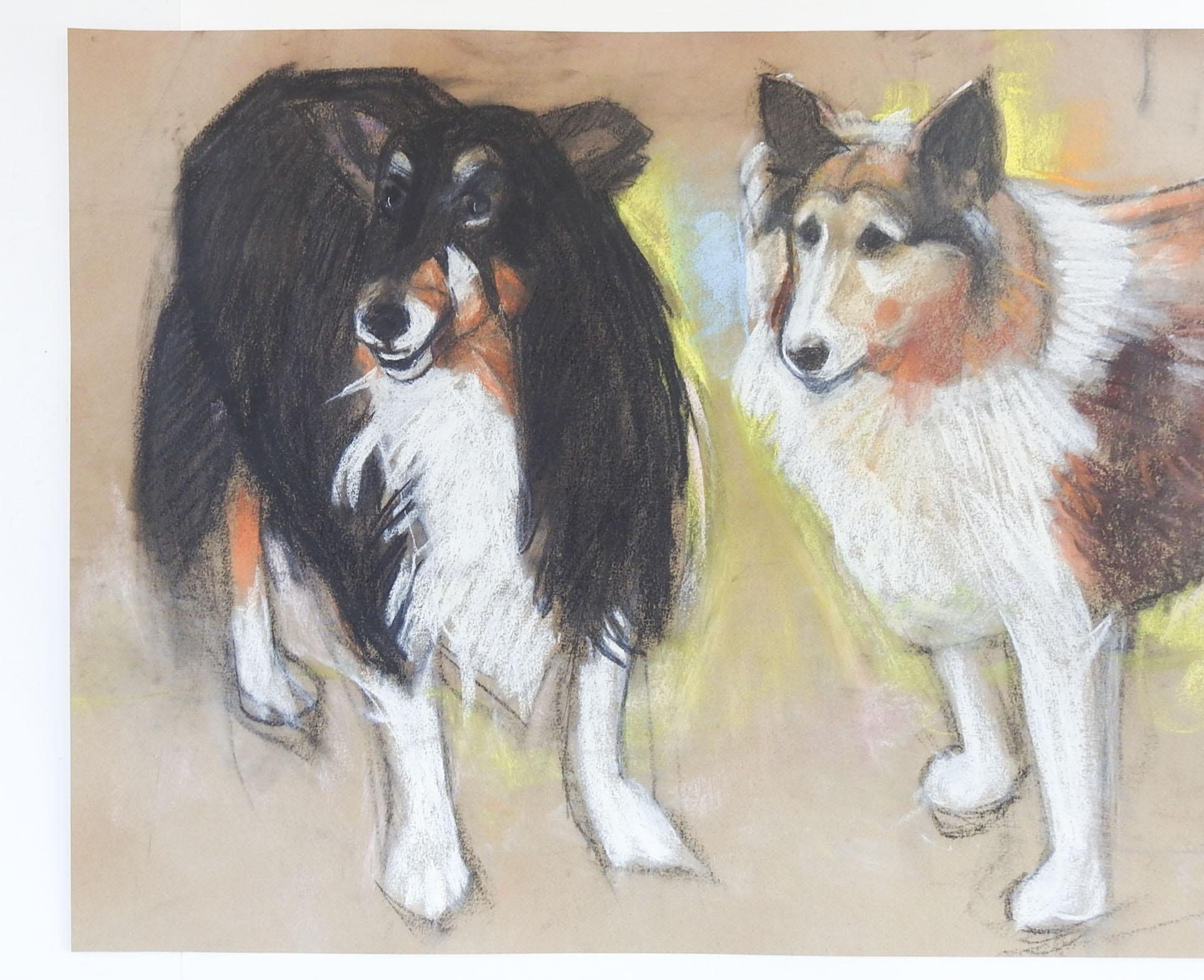 Circa 1990's long format pastel on paper of a pair of Sheltie or Collie dogs by Steve Hodges (20th century) Texas. Unsigned. Unframed, from the artists estate, some smuging.