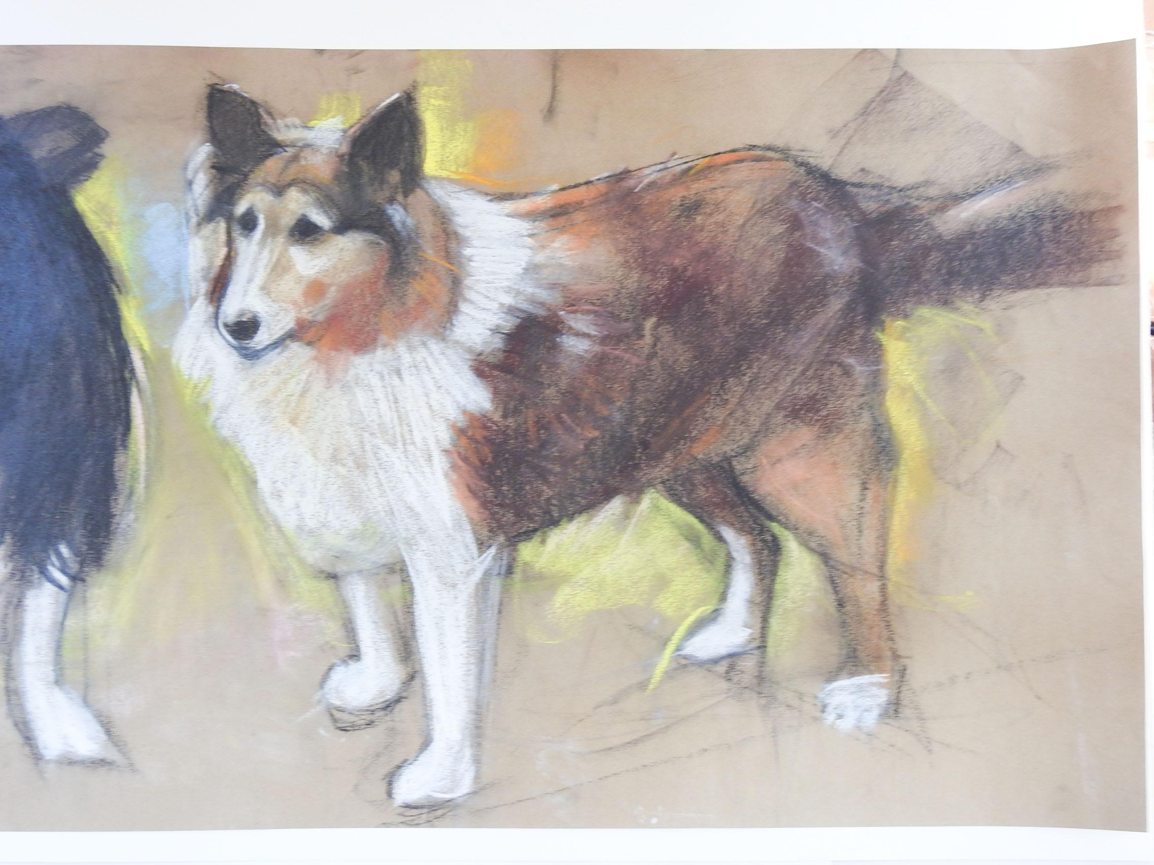 Rustic Vintage Pastel Painting Sheltie or Collie Dogs For Sale