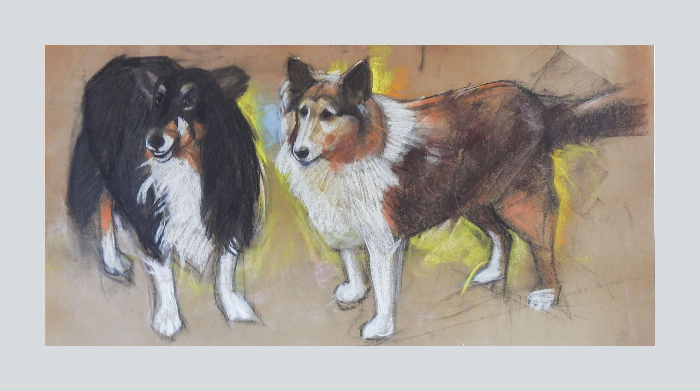 American Vintage Pastel Painting Sheltie or Collie Dogs For Sale