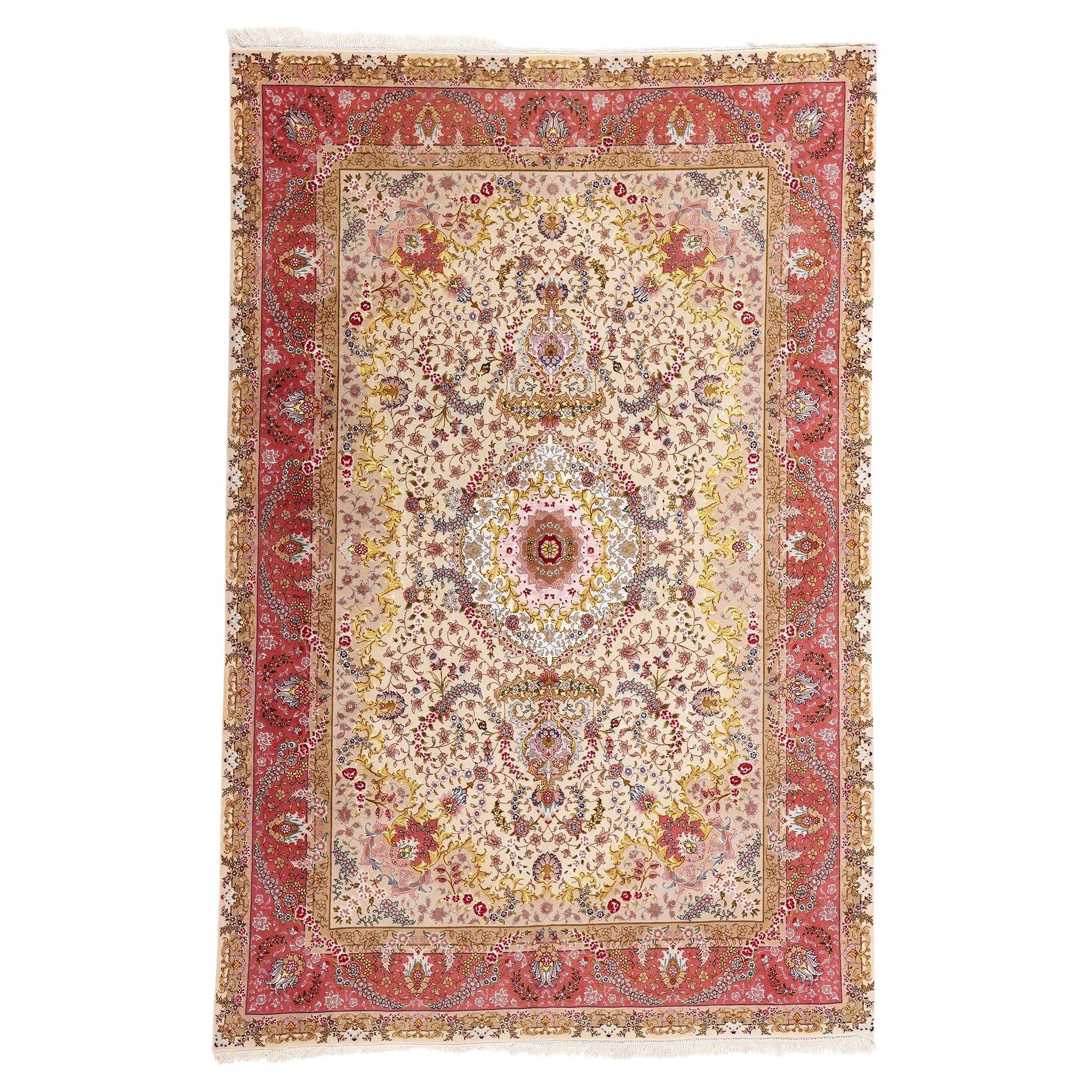 Tapis vintage persan Tabriz en laine et soie fine pastel