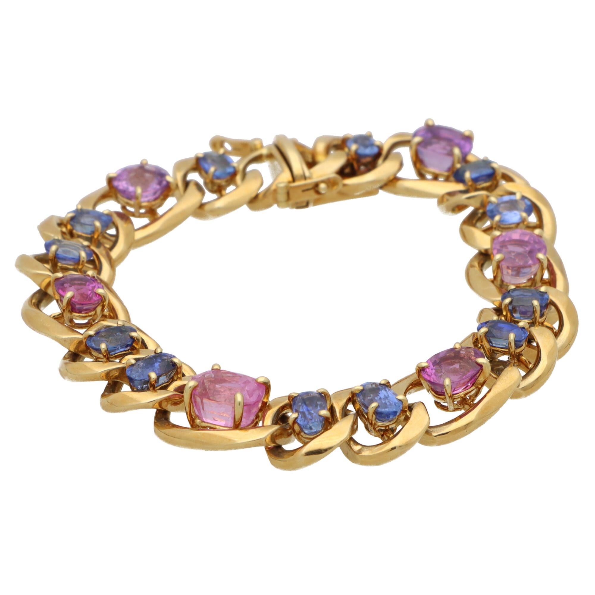 Retro Vintage Pastel Pink and Blue Sapphire Link Bracelet Set in 18k Yellow Gold For Sale