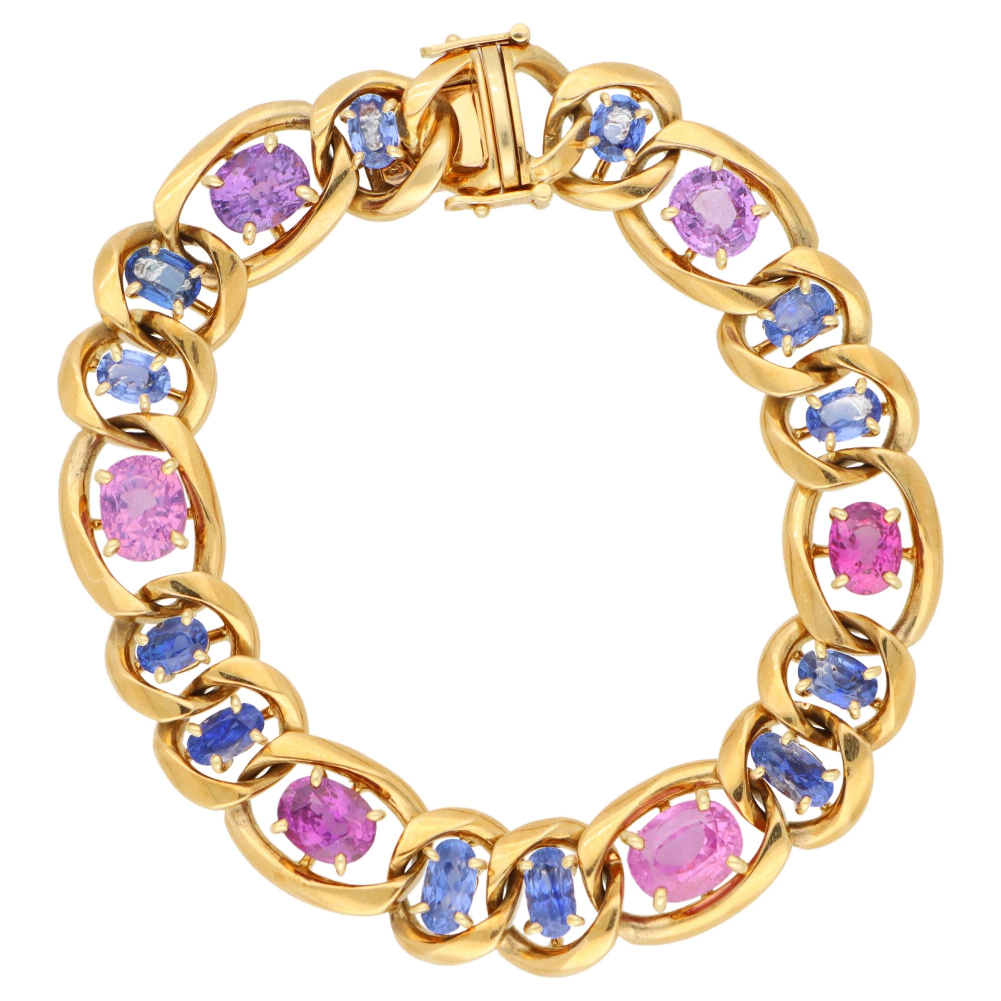Bracelet à maillons vintage en or jaune 18 carats avec saphirs roses pastel et bleus