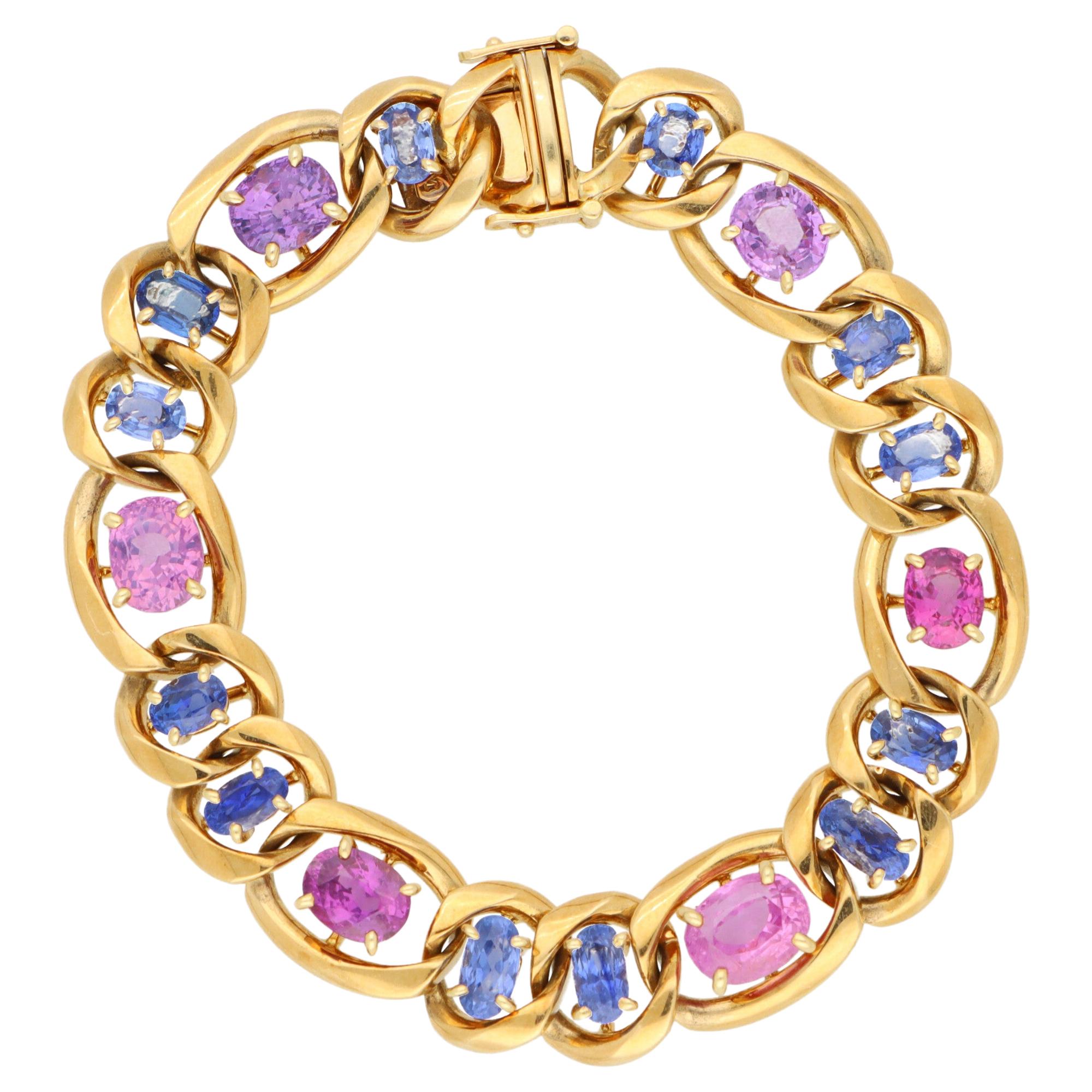 Gliederarmband aus 18 Karat Gelbgold mit pastellfarbenem, rosa und blauem Saphir im Angebot