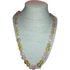 Vintage Pastel Pink & Yellow Rock Crystal Necklace Faceted Crystal Beads