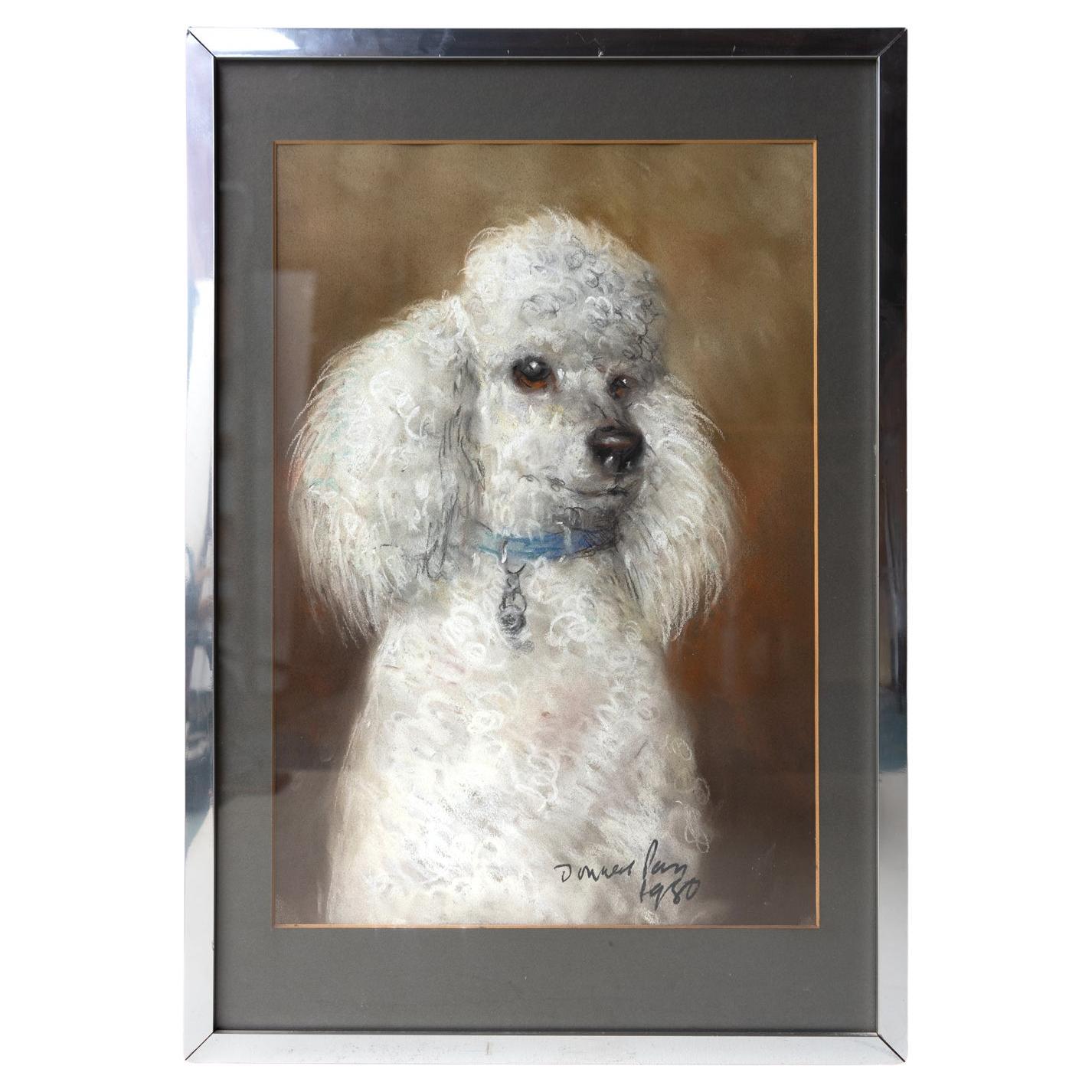 Vintage Pastel Portrait of a Poodle, Original Artwork, 1980s For Sale