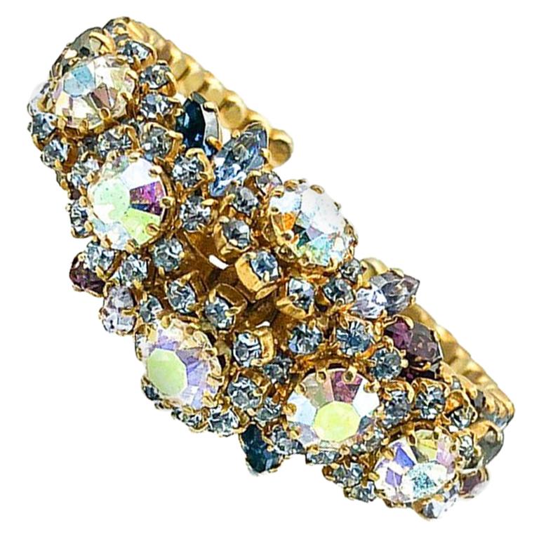 Vintage Pastel Shades Crystal Floral Cuff Bracelet 1950s