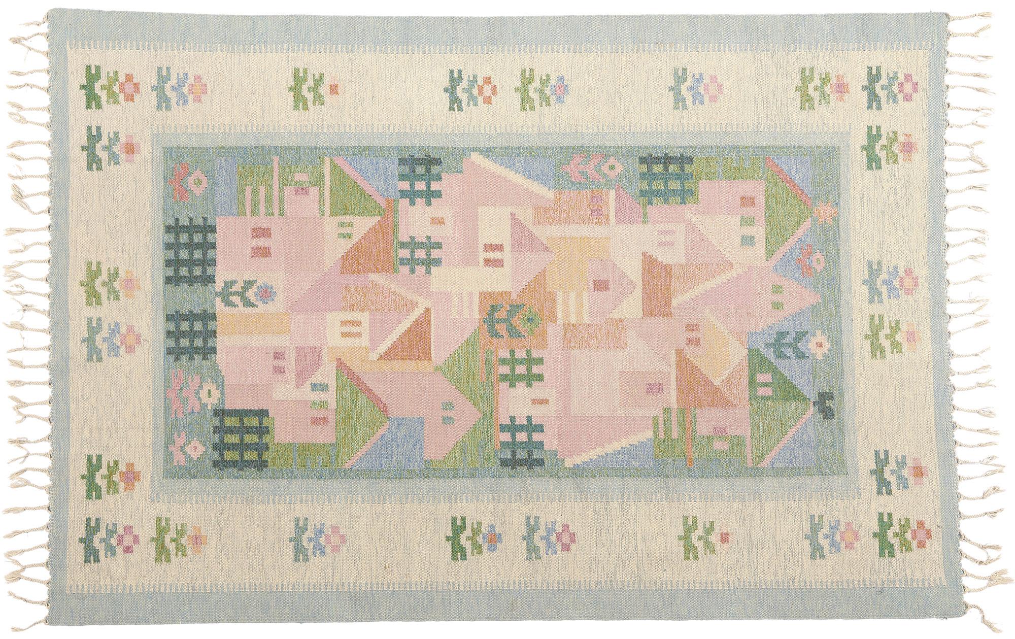 Vintage Pastel Swedish Pictorial Rollakan Rug For Sale 3