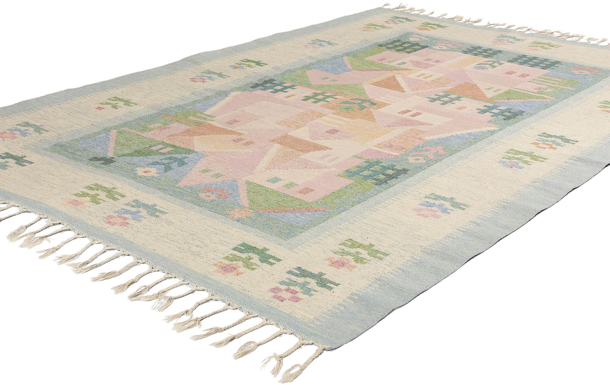 78819 Vintage Swedish Pictorial Rollakan Rug, 04'07 x 06'09. Handwoven wool vintage Swedish Rollakan pictorial rugs are exquisite pieces of Scandinavian textile art known for their intricate designs and high-quality craftsmanship. These rugs, often