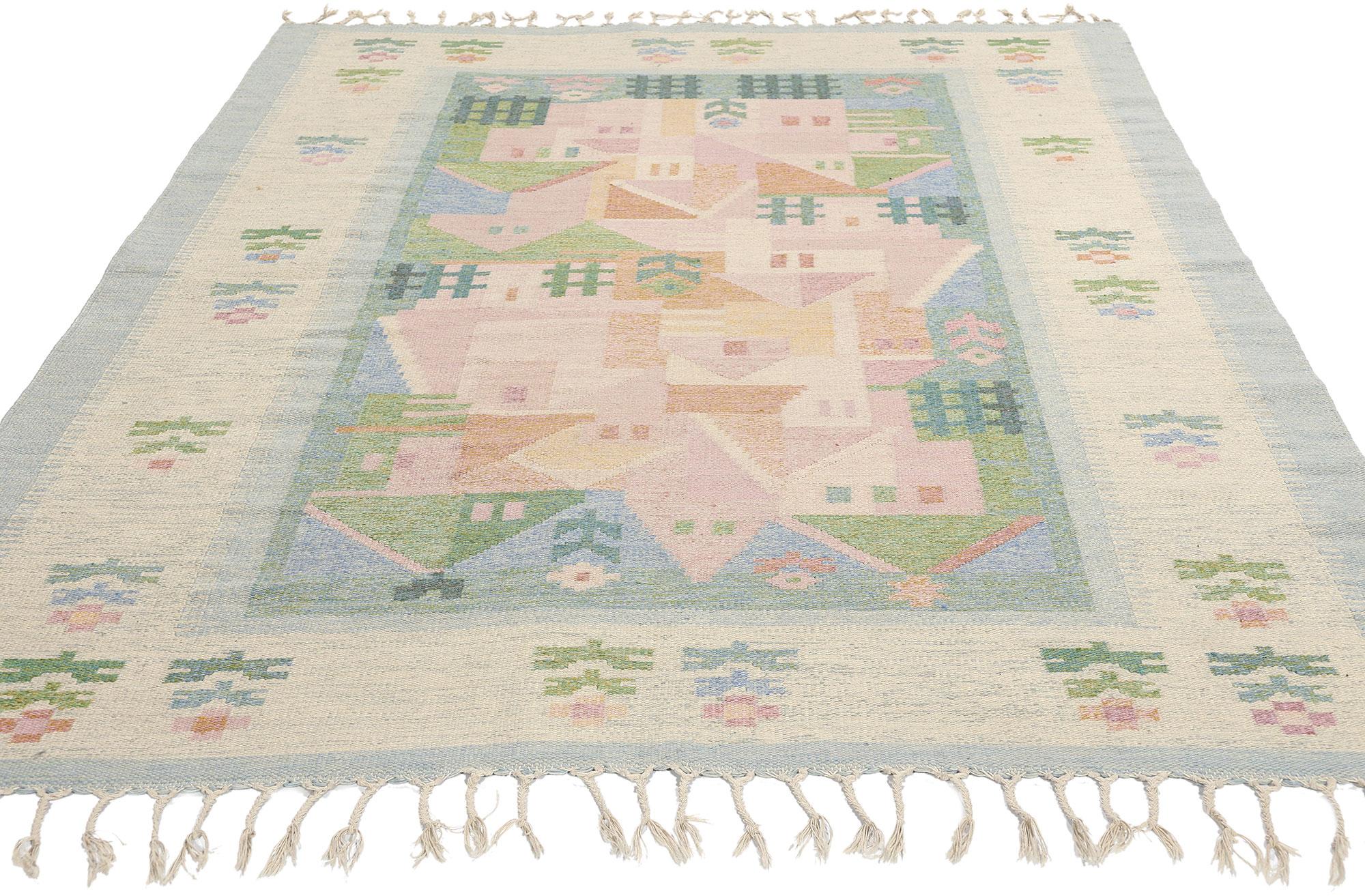 Scandinavian Modern Vintage Pastel Swedish Pictorial Rollakan Rug For Sale