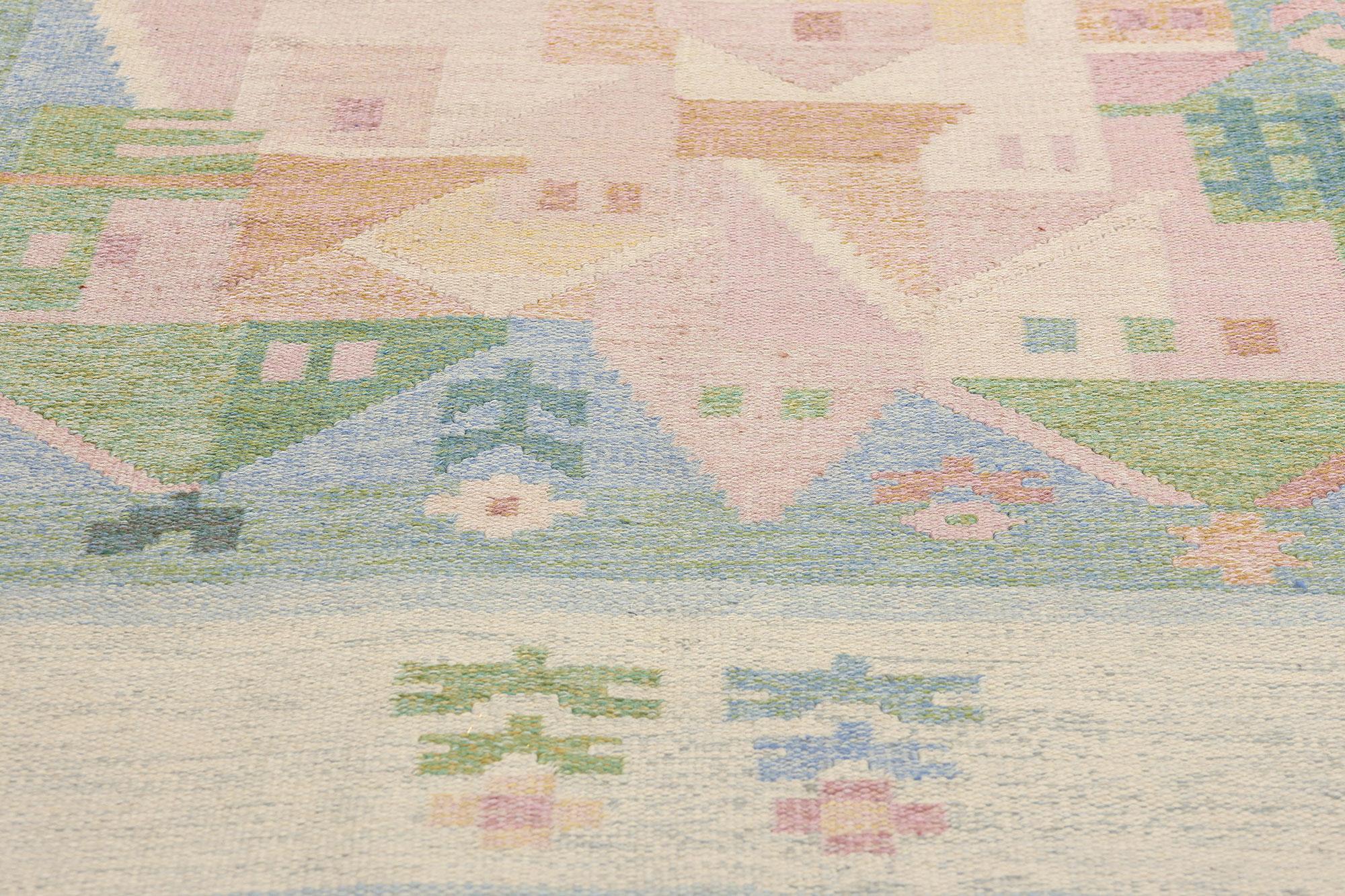Vintage Pastel Swedish Pictorial Rollakan Rug In Good Condition For Sale In Dallas, TX