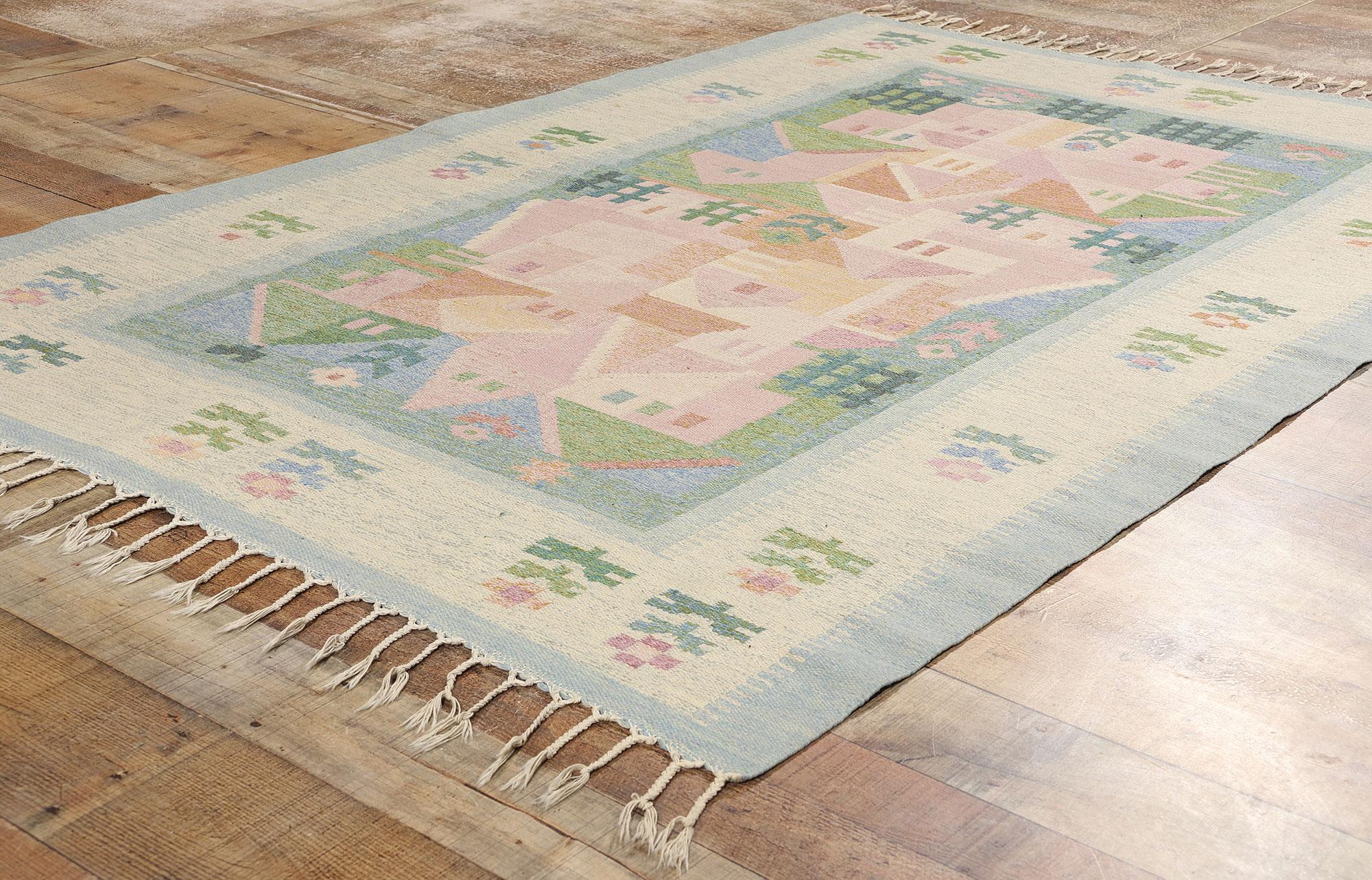 Wool Vintage Pastel Swedish Pictorial Rollakan Rug For Sale