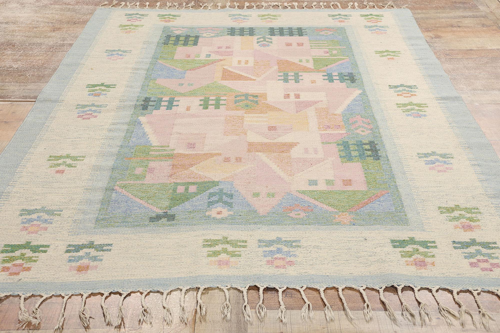 Vintage Pastel Swedish Pictorial Rollakan Rug For Sale 1
