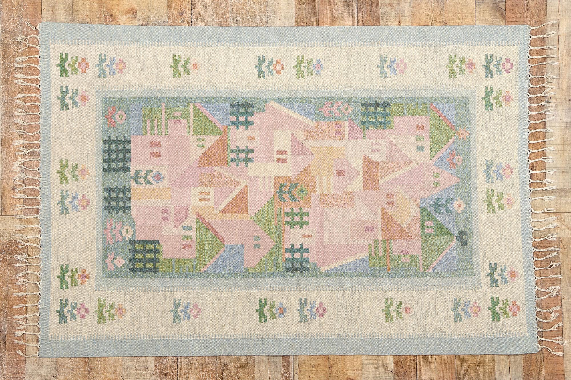 Vintage Pastel Swedish Pictorial Rollakan Rug For Sale 2