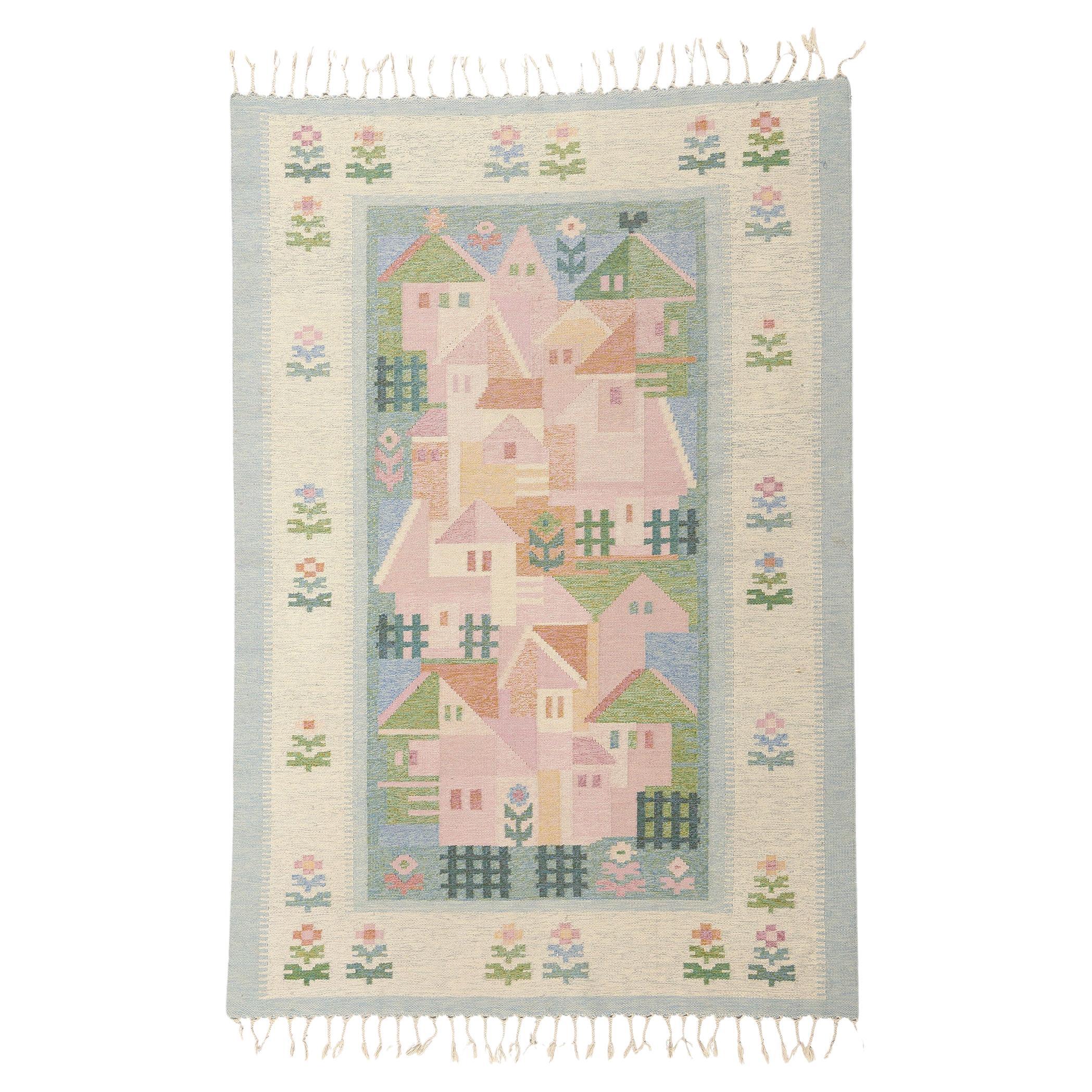 Vintage Pastel Swedish Pictorial Rollakan Rug For Sale