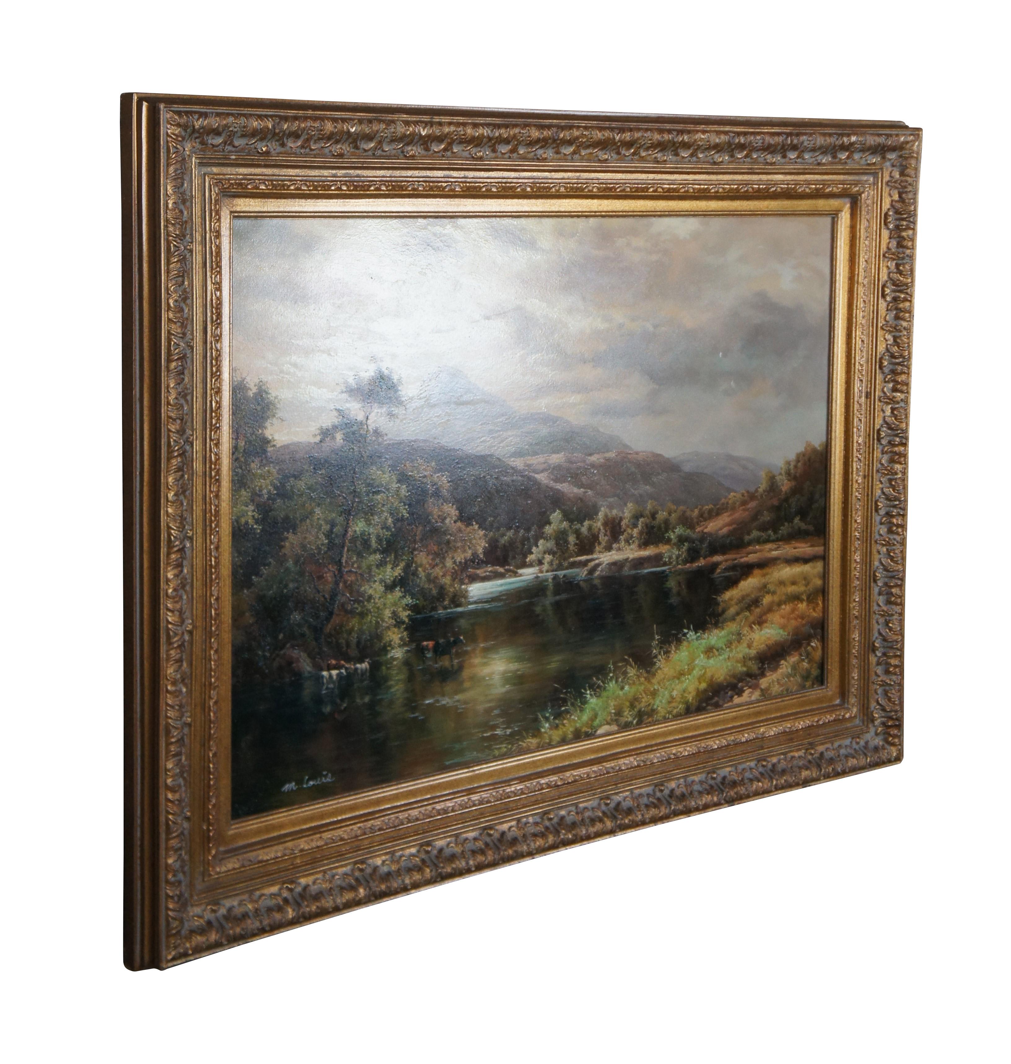 Paisaje fluvial pastoral de finales del siglo XX.  Firmado abajo a la izquierda.  Presenta una vista boscosa del campo con ganado relajándose en el río frente a un telón de fondo montañoso.  El óleo está pintado sobre lienzo y firmado M. Louis en la