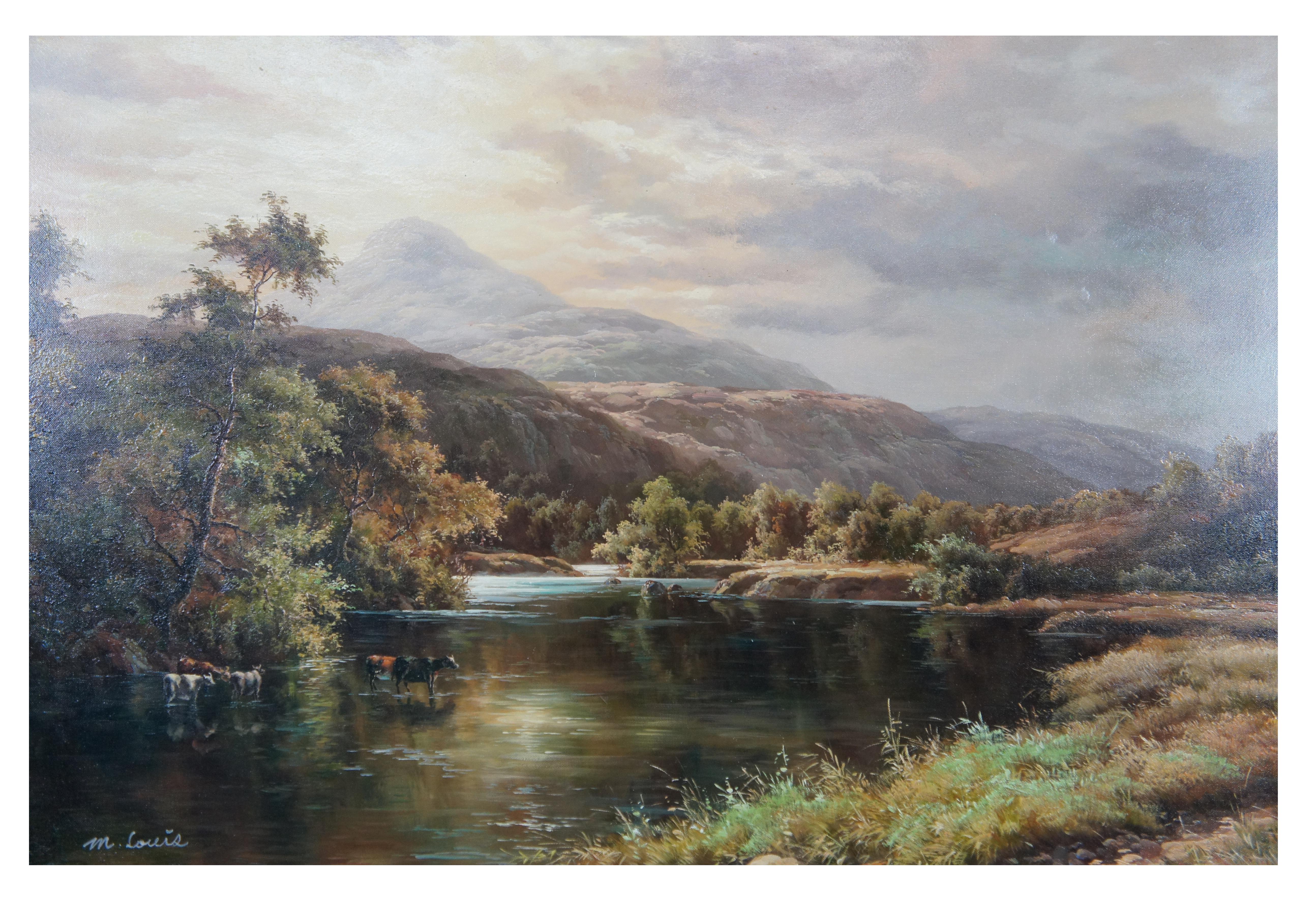 Vintage Pastoral Río Paisaje Pintura al óleo Realismo Ganado Pastando Enmarcado 44