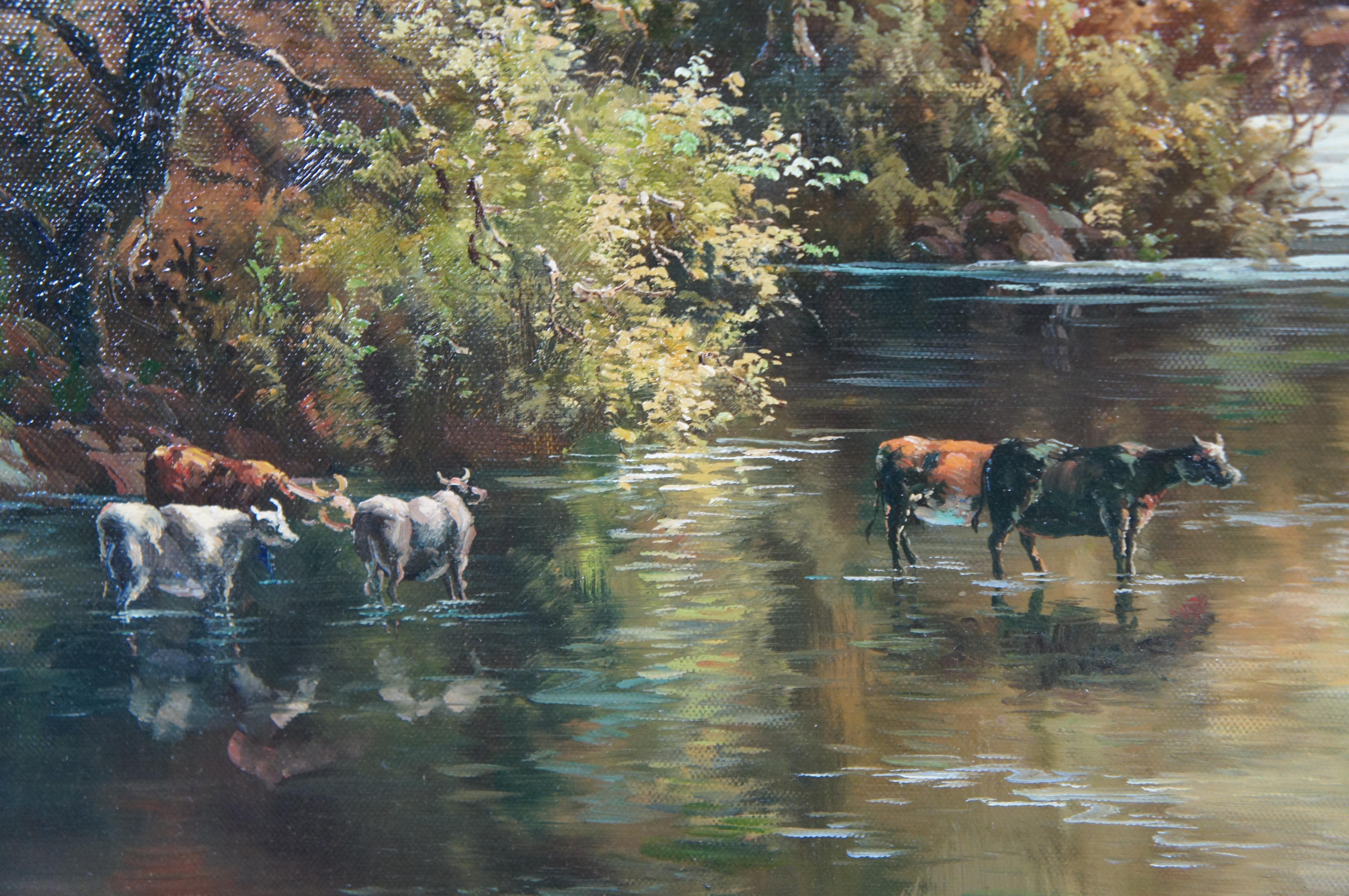 Vintage Pastoral Río Paisaje Pintura al óleo Realismo Ganado Pastando Enmarcado 44