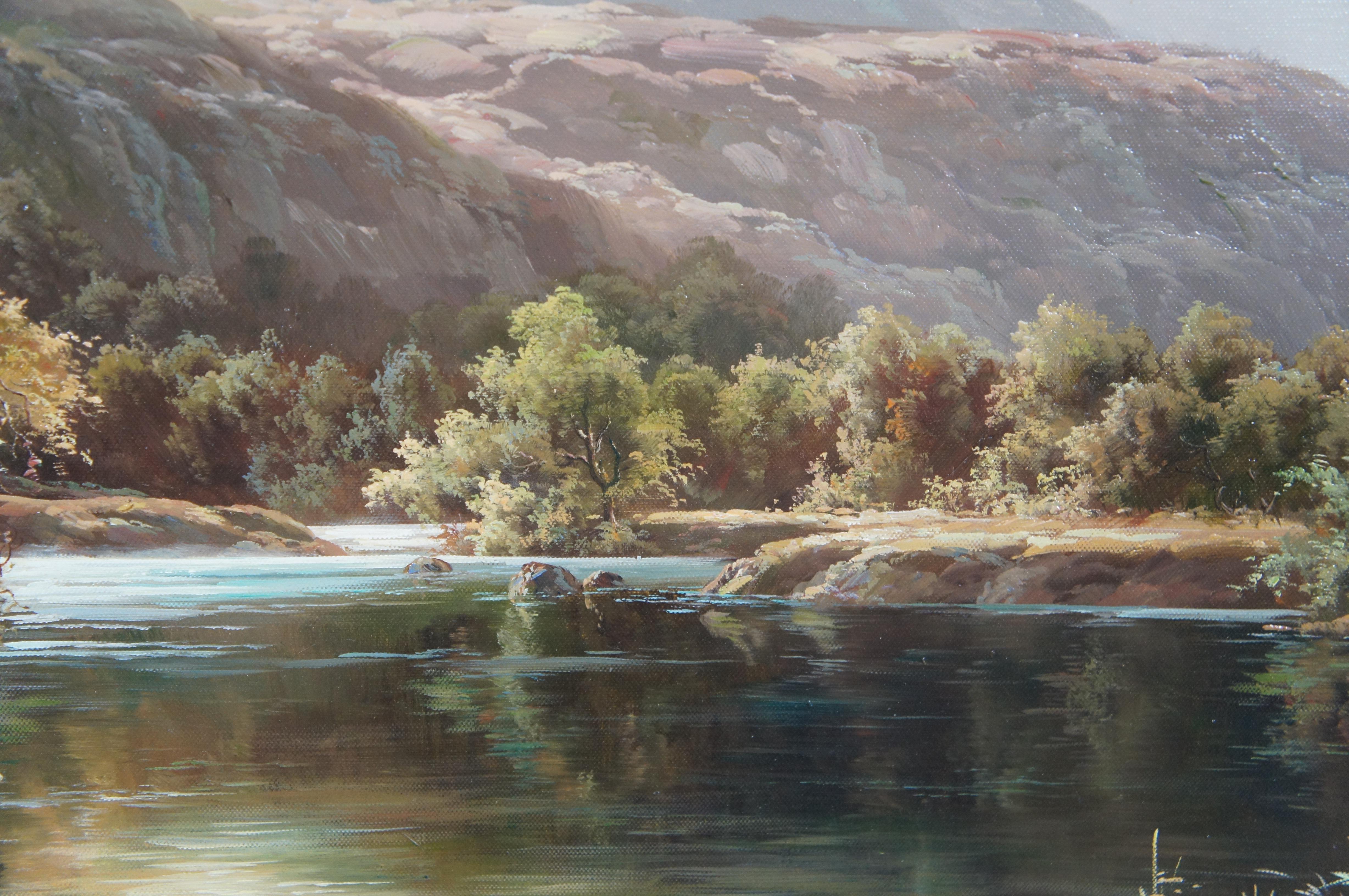 Vintage Pastoral Río Paisaje Pintura al óleo Realismo Ganado Pastando Enmarcado 44