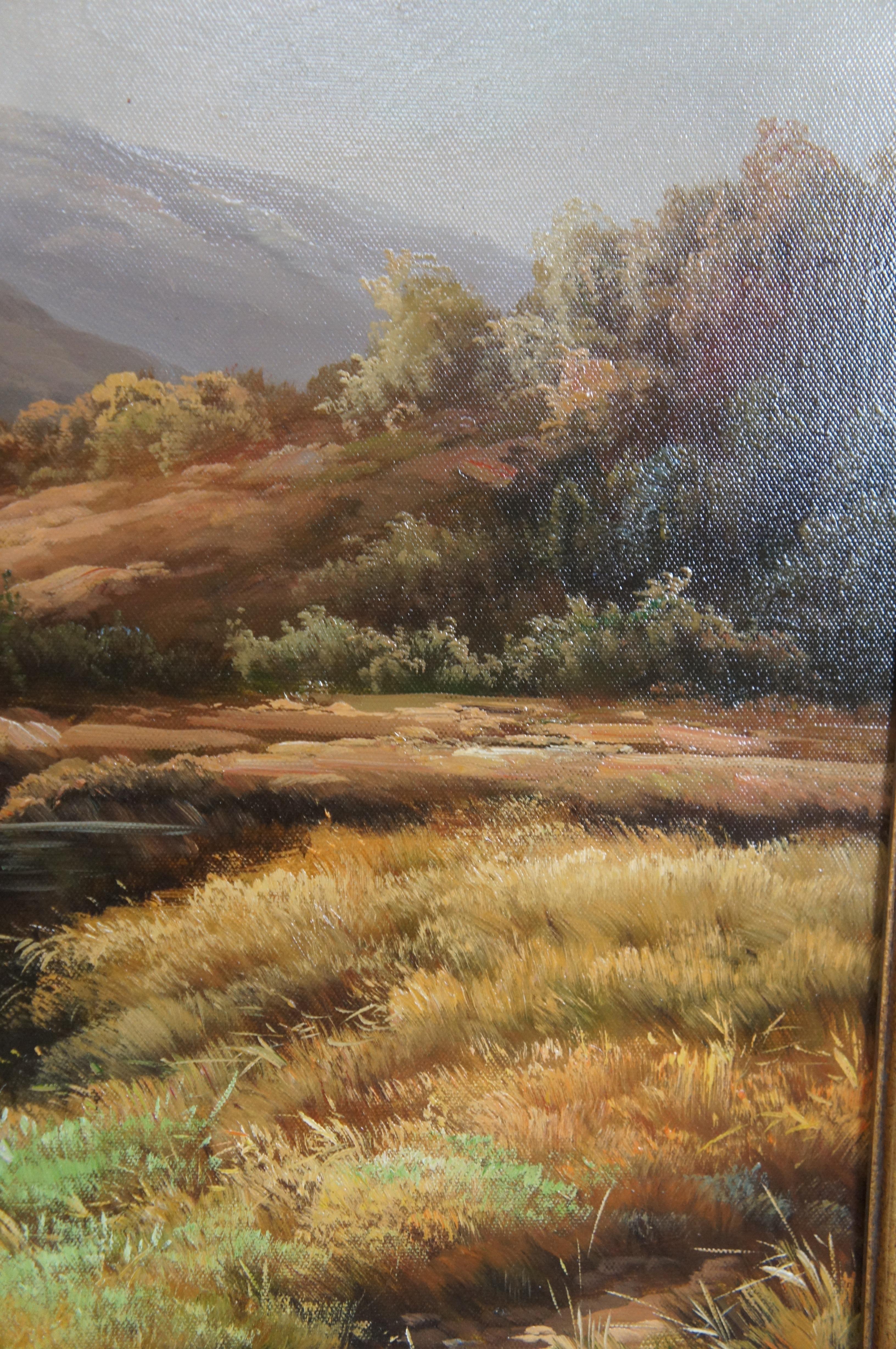 Vintage Pastoral Río Paisaje Pintura al óleo Realismo Ganado Pastando Enmarcado 44