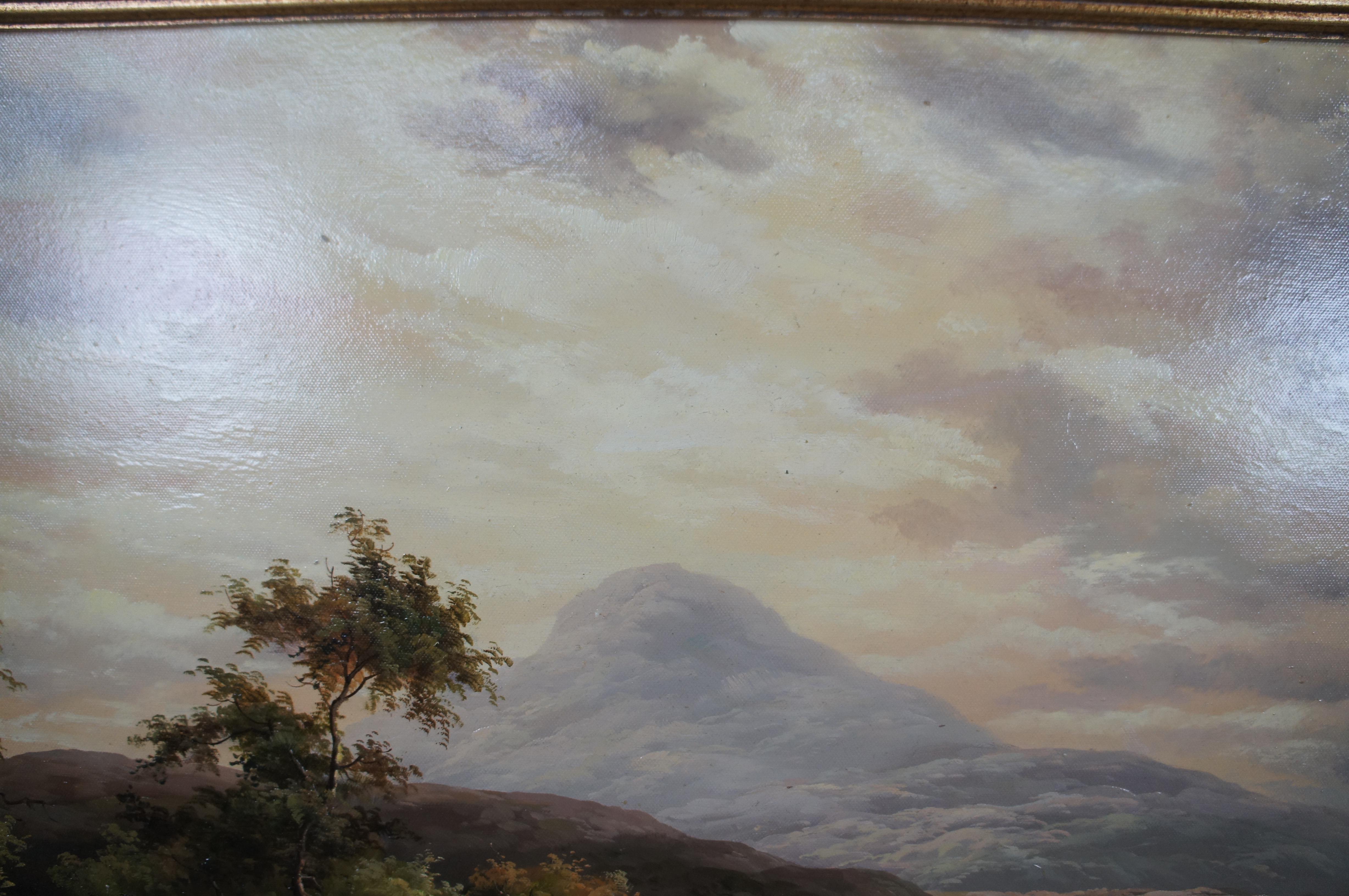 Vintage Pastoral Río Paisaje Pintura al óleo Realismo Ganado Pastando Enmarcado 44