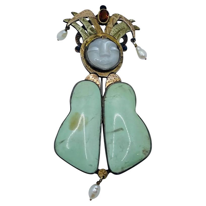 Pat Garrett - Épingle d'art vintage en alliage, or 14 carats, cuivre, turquoise et pierre de lune en vente