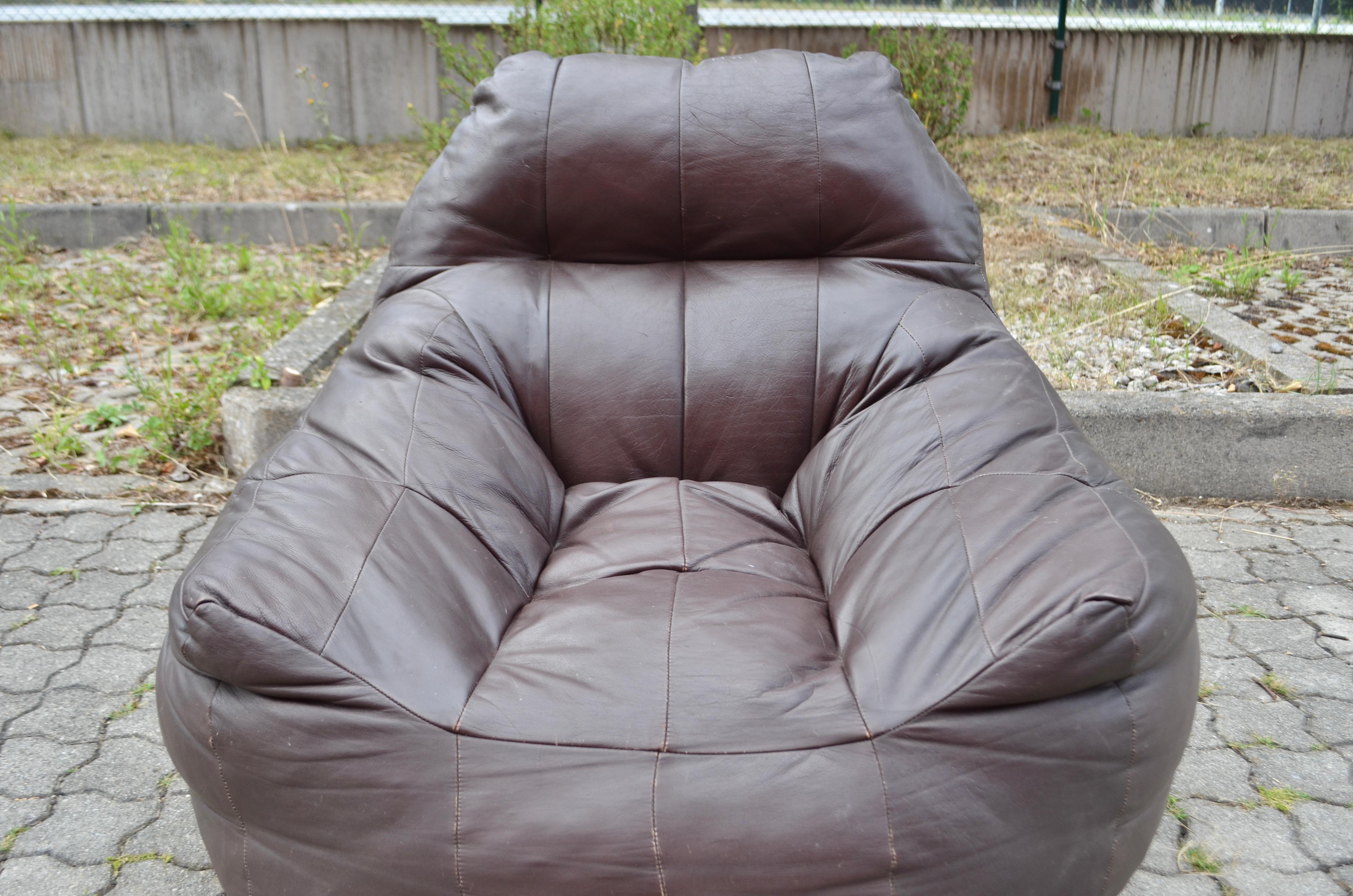Vintage Patchwork Bean Bag brown Aniline Leather Lounge Chair For Sale 9