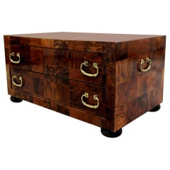 Vintage Patchwork Burl and Brass Two-Drawer Chest Cabinet