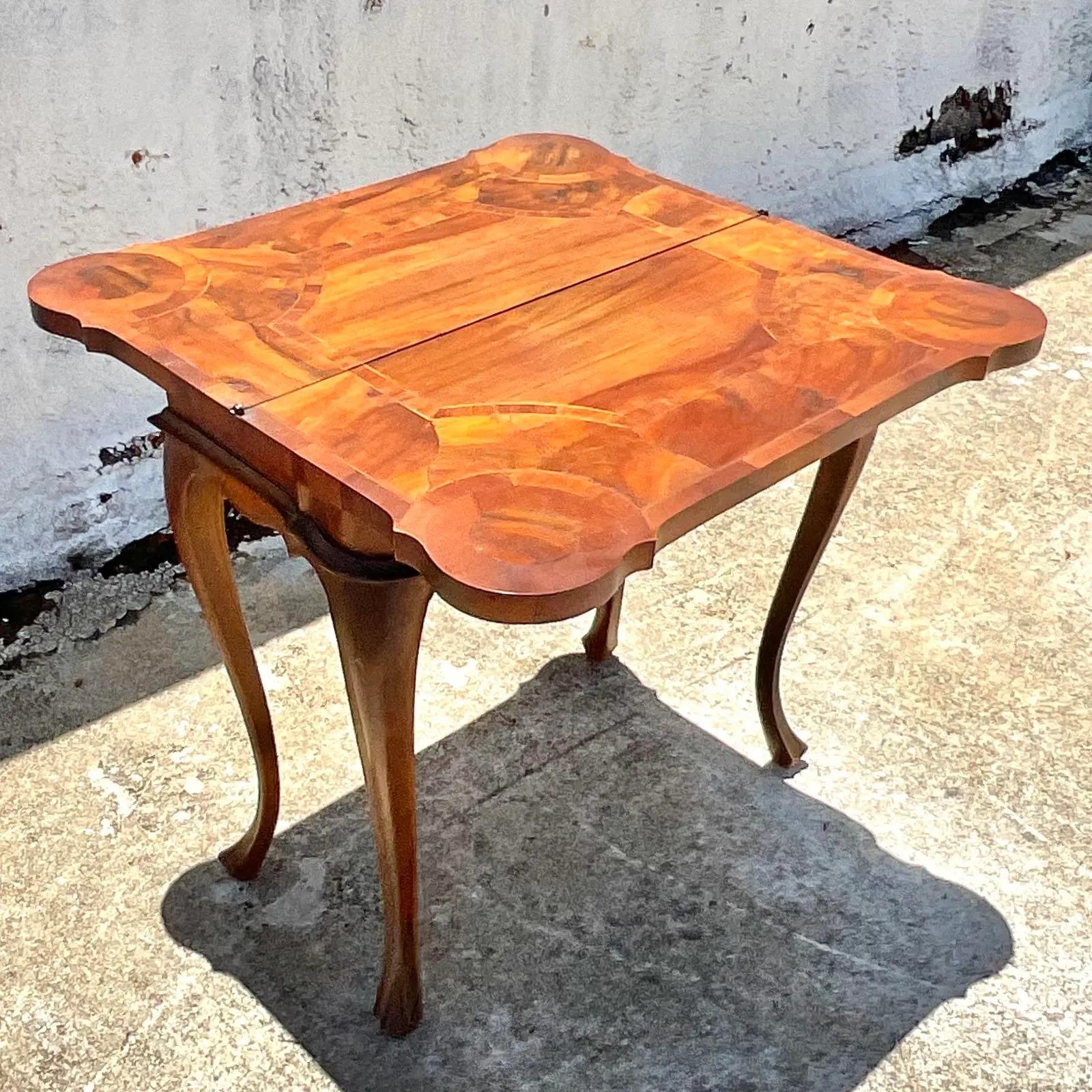 Vintage Patchwork Burl Wood Flip Top Card Table In Good Condition For Sale In west palm beach, FL