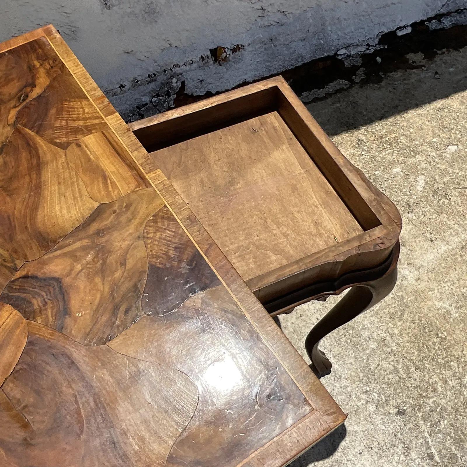 20th Century Vintage Patchwork Burl Wood Flip Top Card Table For Sale