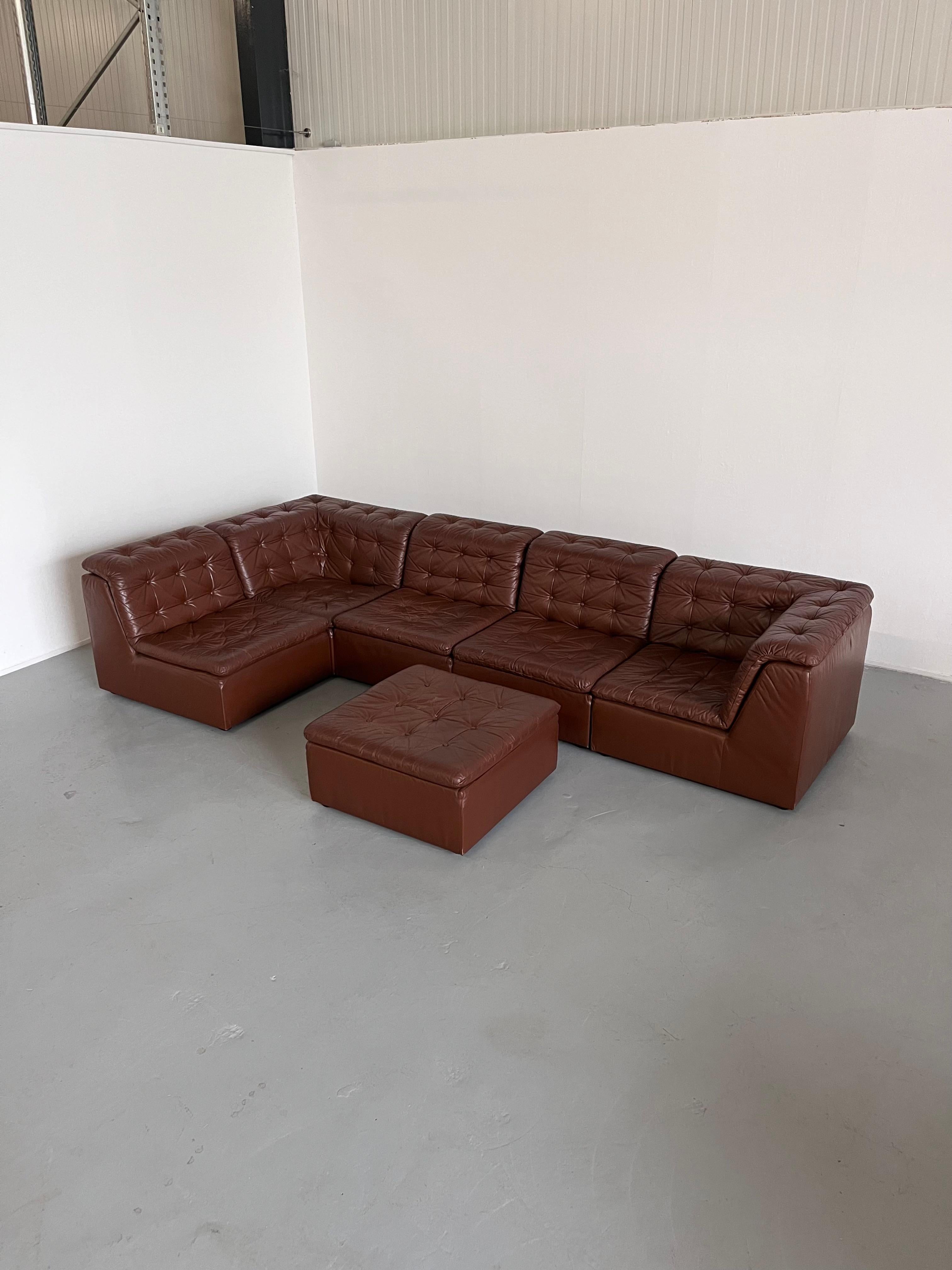 Vintage Patchwork Cognac Leather Six-Part Modular Sofa by Laauser, 1970s Germany For Sale 1