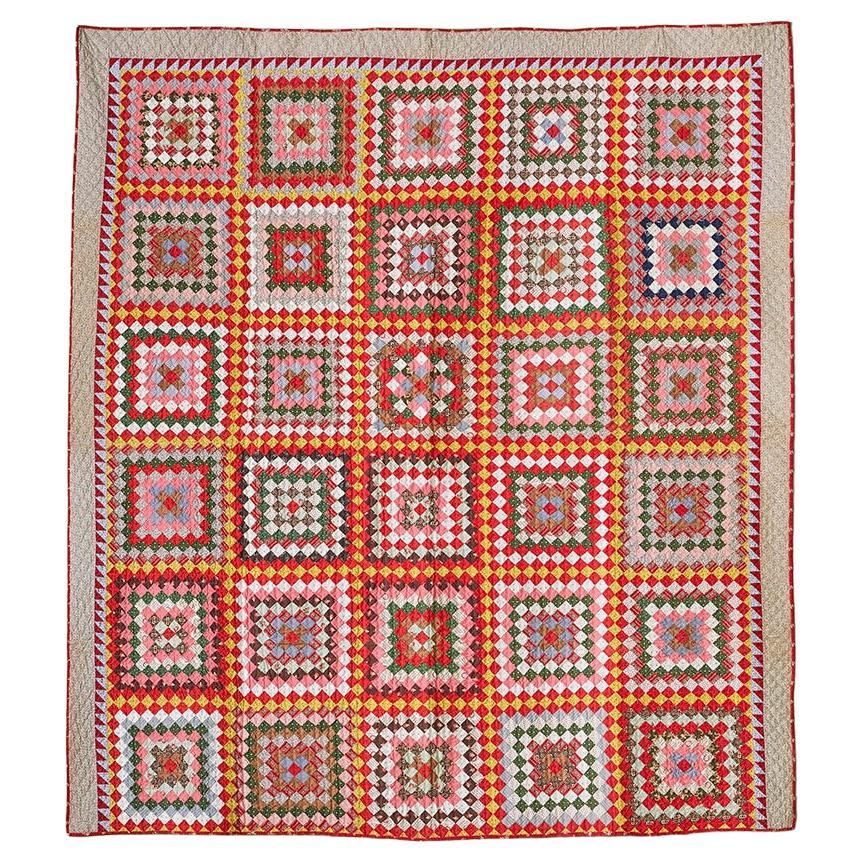 Vintage Patchwork Cotton coloured “Trip around the world" Quilt, USA, late 19th 