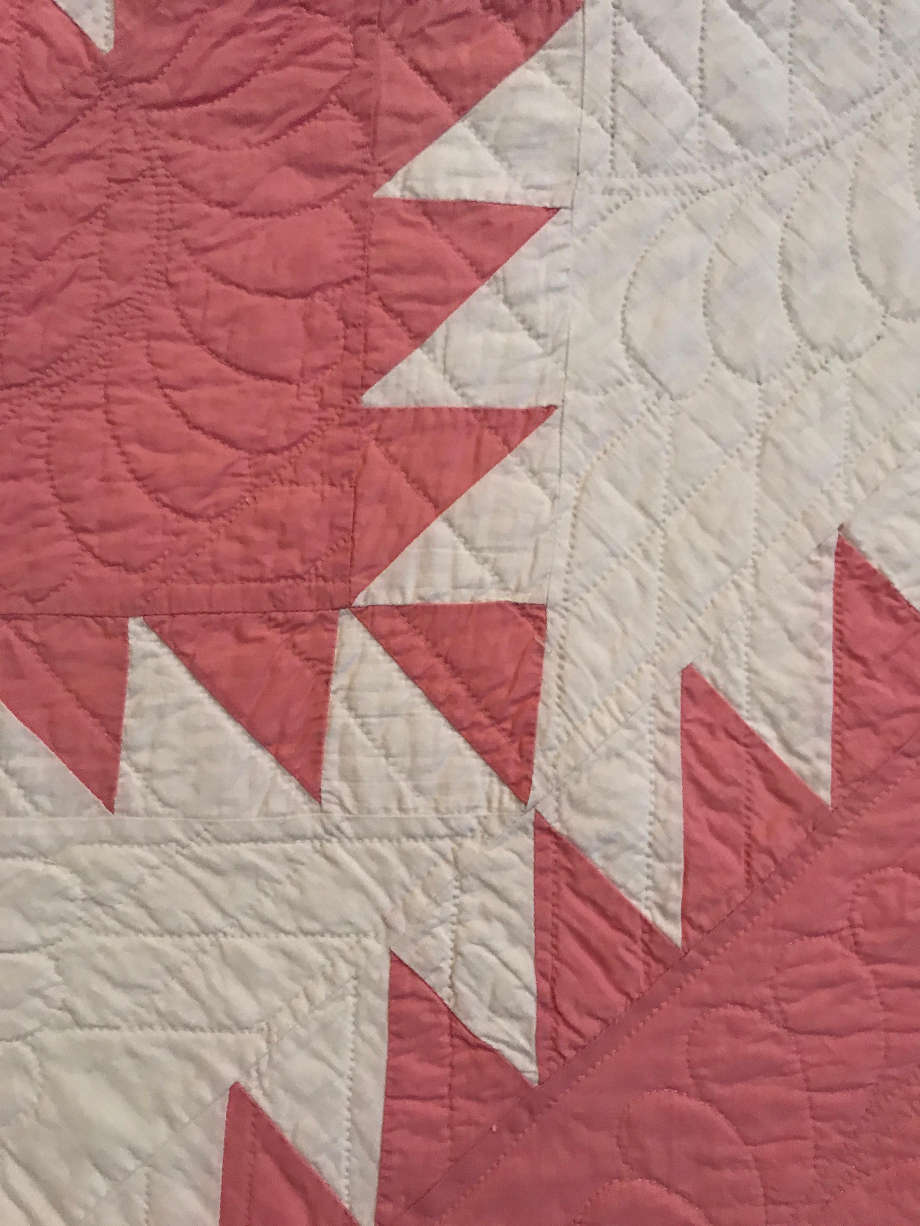 Folk Art Vintage Patchwork Diamond Quilt in Pink and White, USA, 1930s