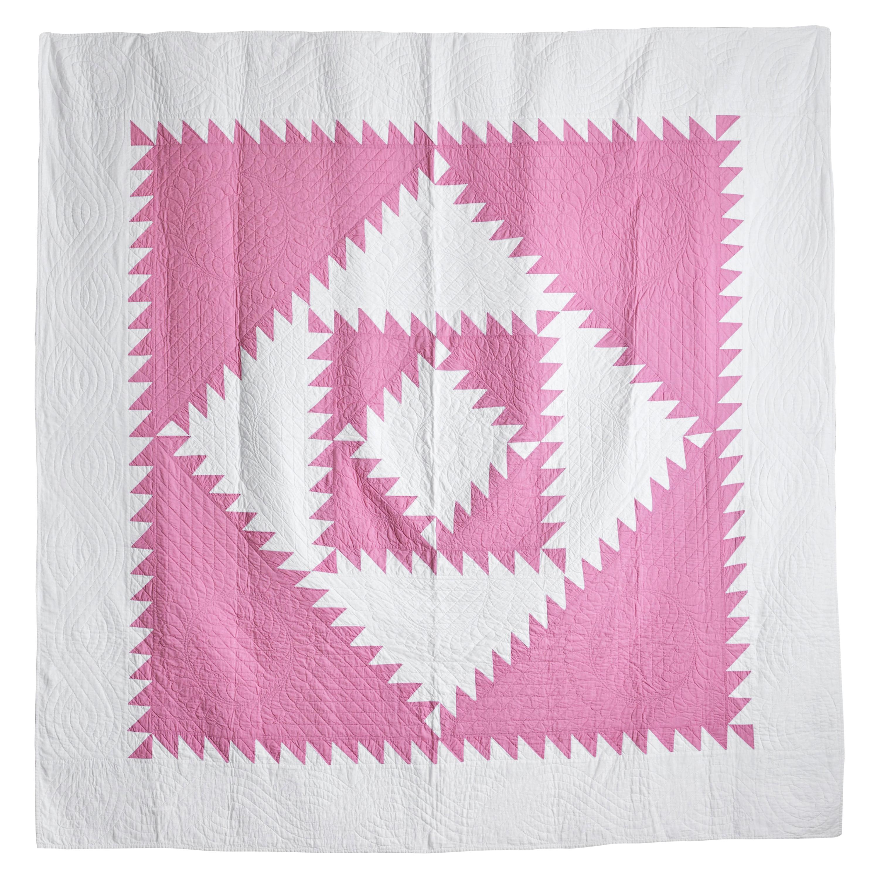 Vintage Patchwork Diamond Quilt in Pink and White, USA, 1930s