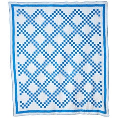 Antique Patchwork "Double Irish Chain" Quilt in Blue and White, USA, 1920s