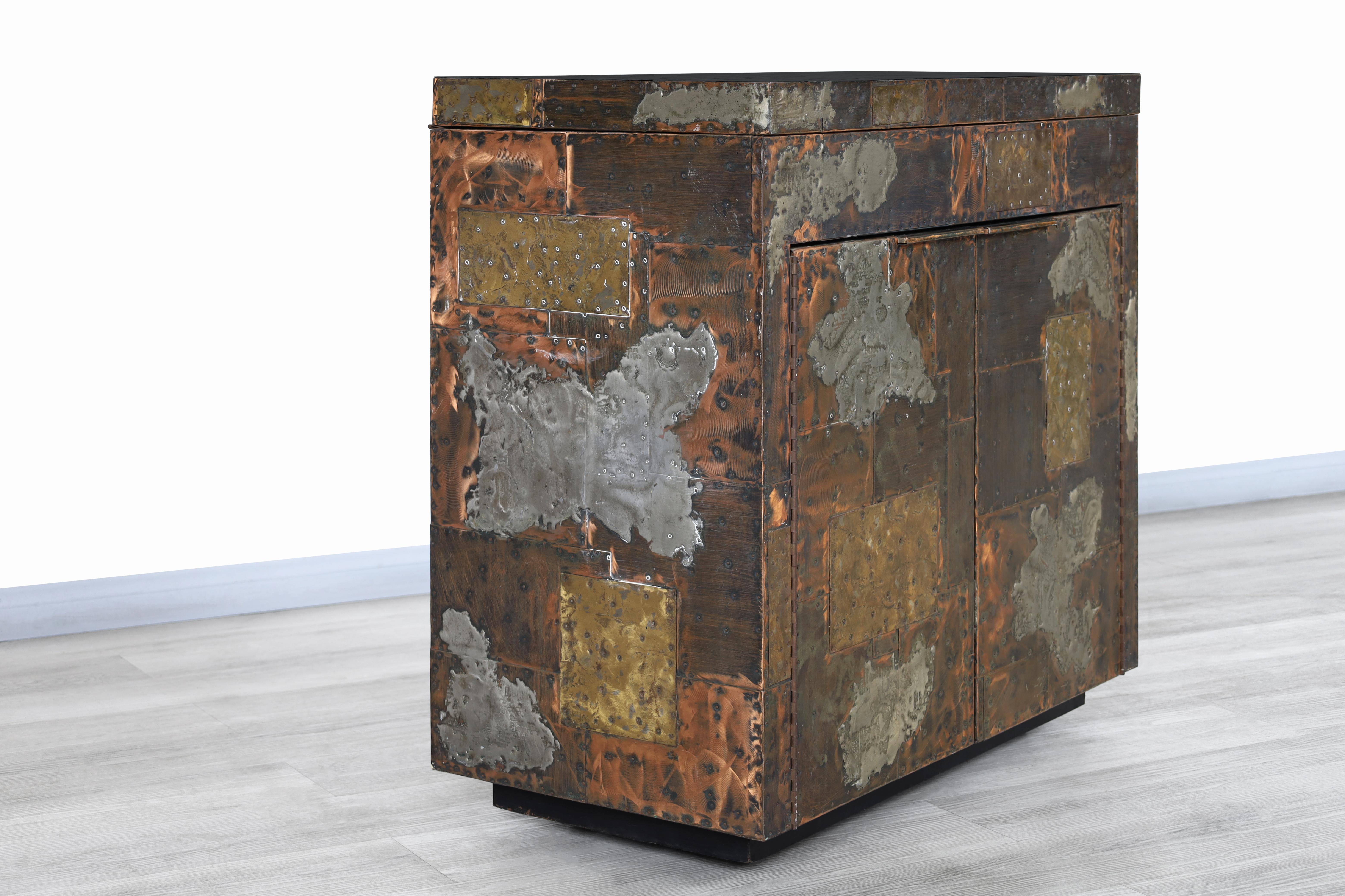 Brass Vintage Patchwork Fliptop Bar Cabinet by Paul Evans for Directional For Sale