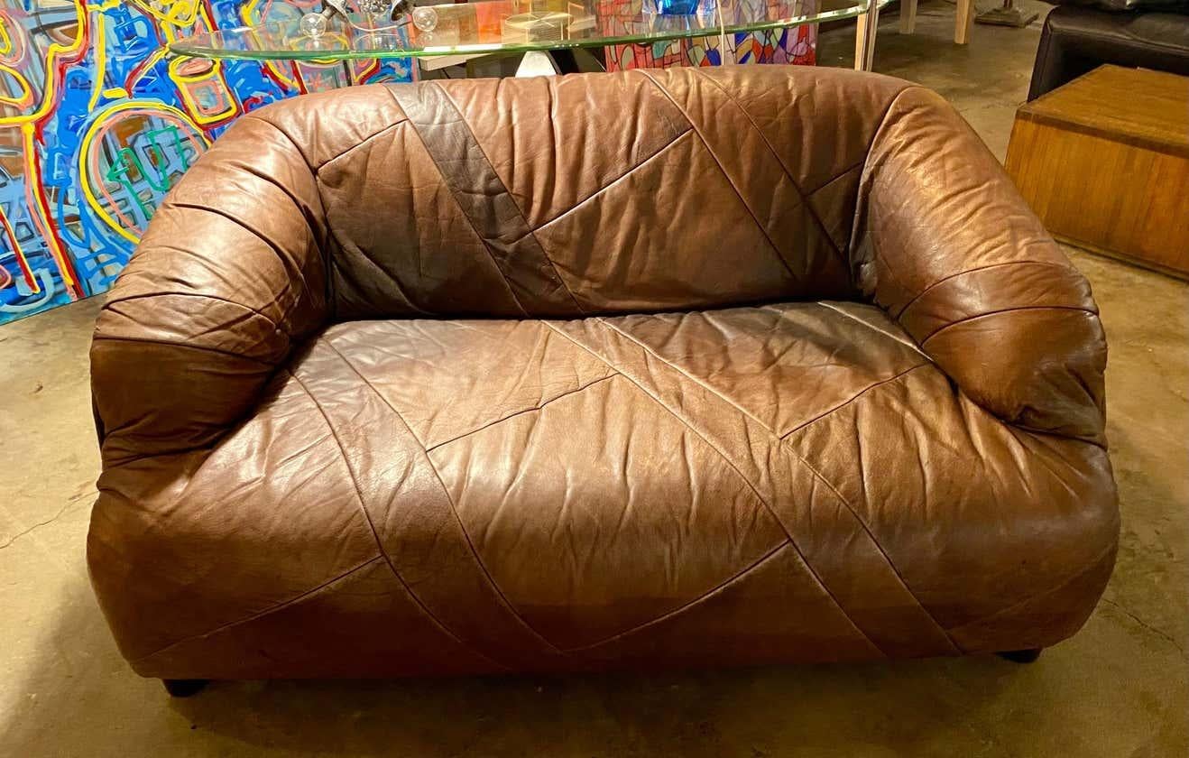 Mid-Century Modern Vintage Patchwork Leather Loveseat and Chair