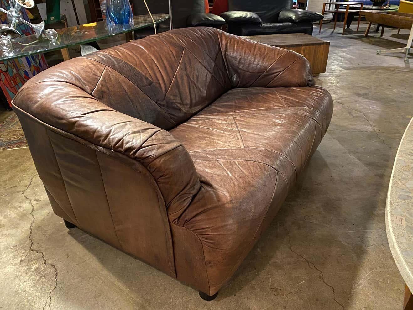German Vintage Patchwork Leather Loveseat and Chair