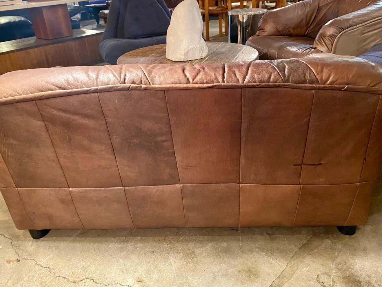 Vintage Patchwork Leather Loveseat and Chair In Good Condition In San Antonio, TX