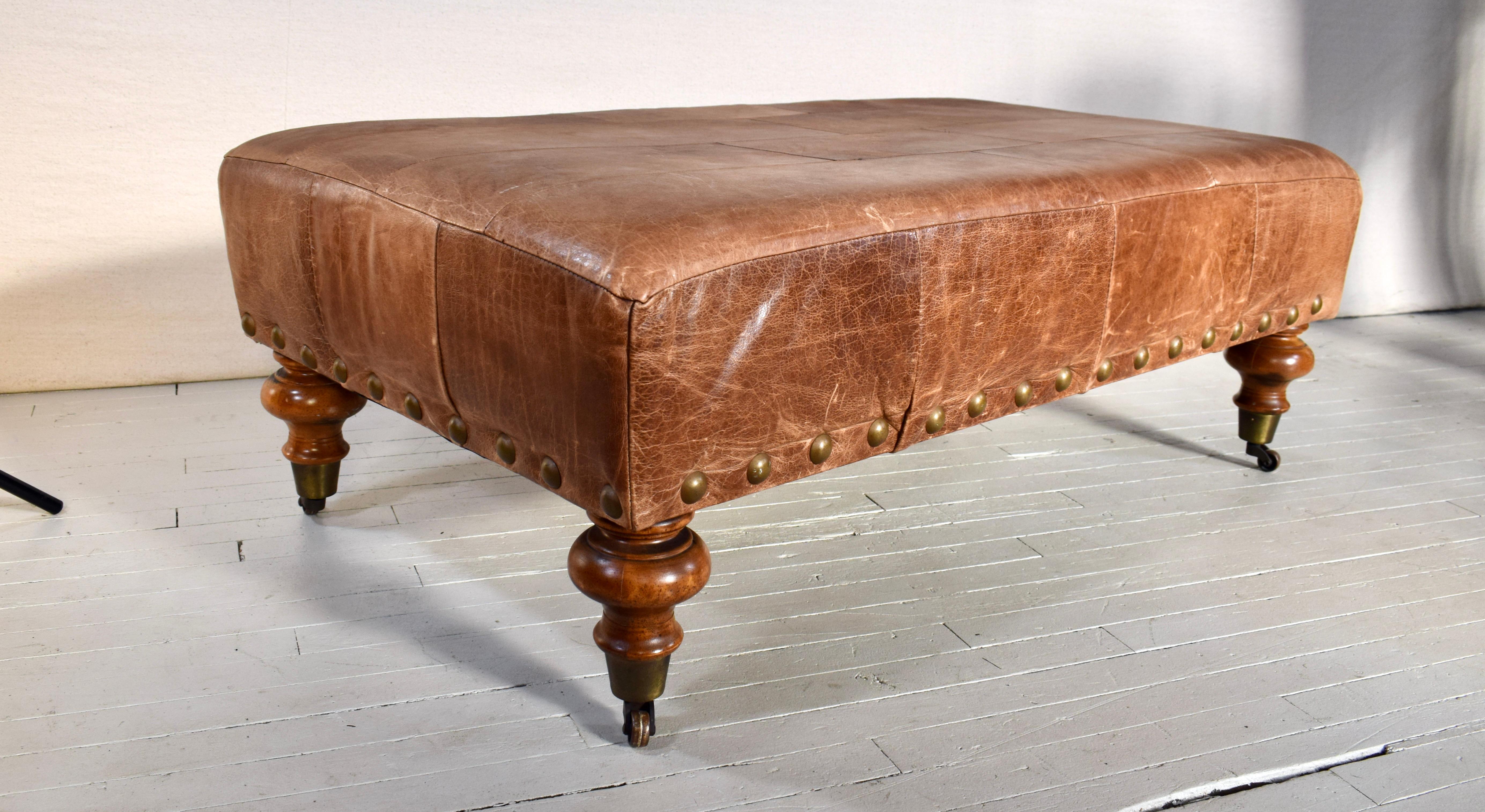 Vintage Patchwork Leather Ottoman on Casters 3