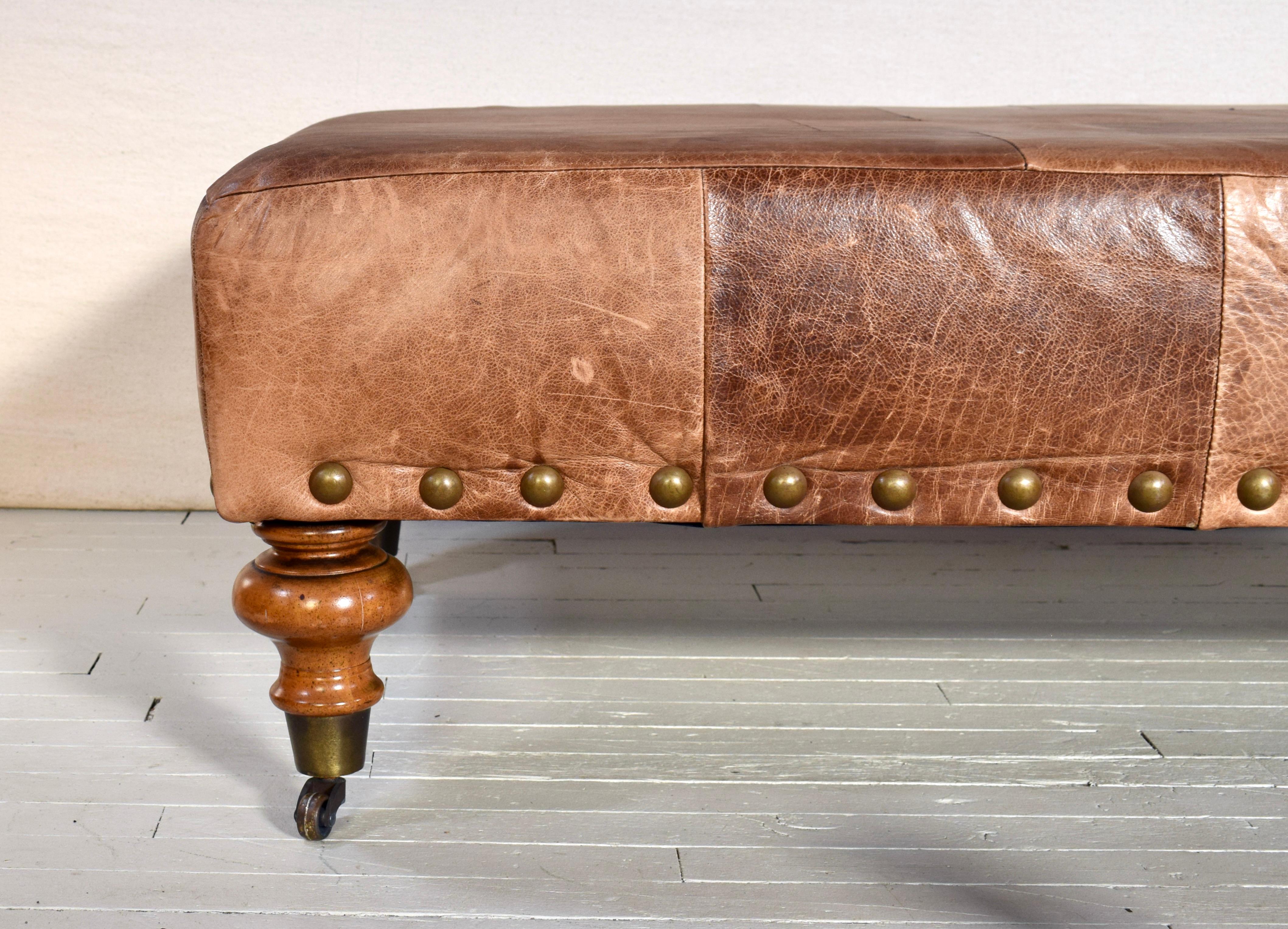 Rustic Vintage Patchwork Leather Ottoman on Casters