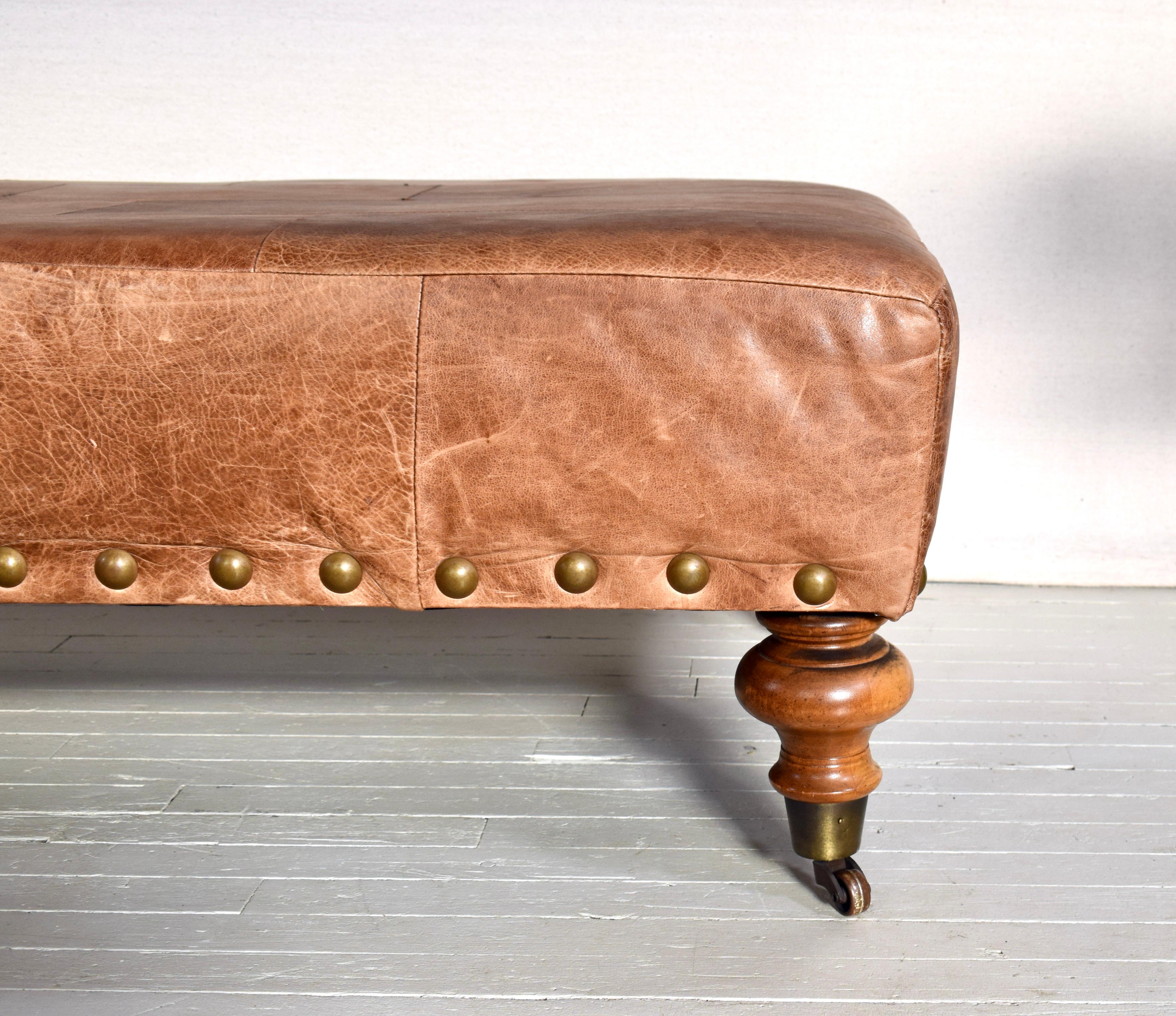 Vintage Patchwork Leather Ottoman on Casters In Good Condition In Southampton, NJ