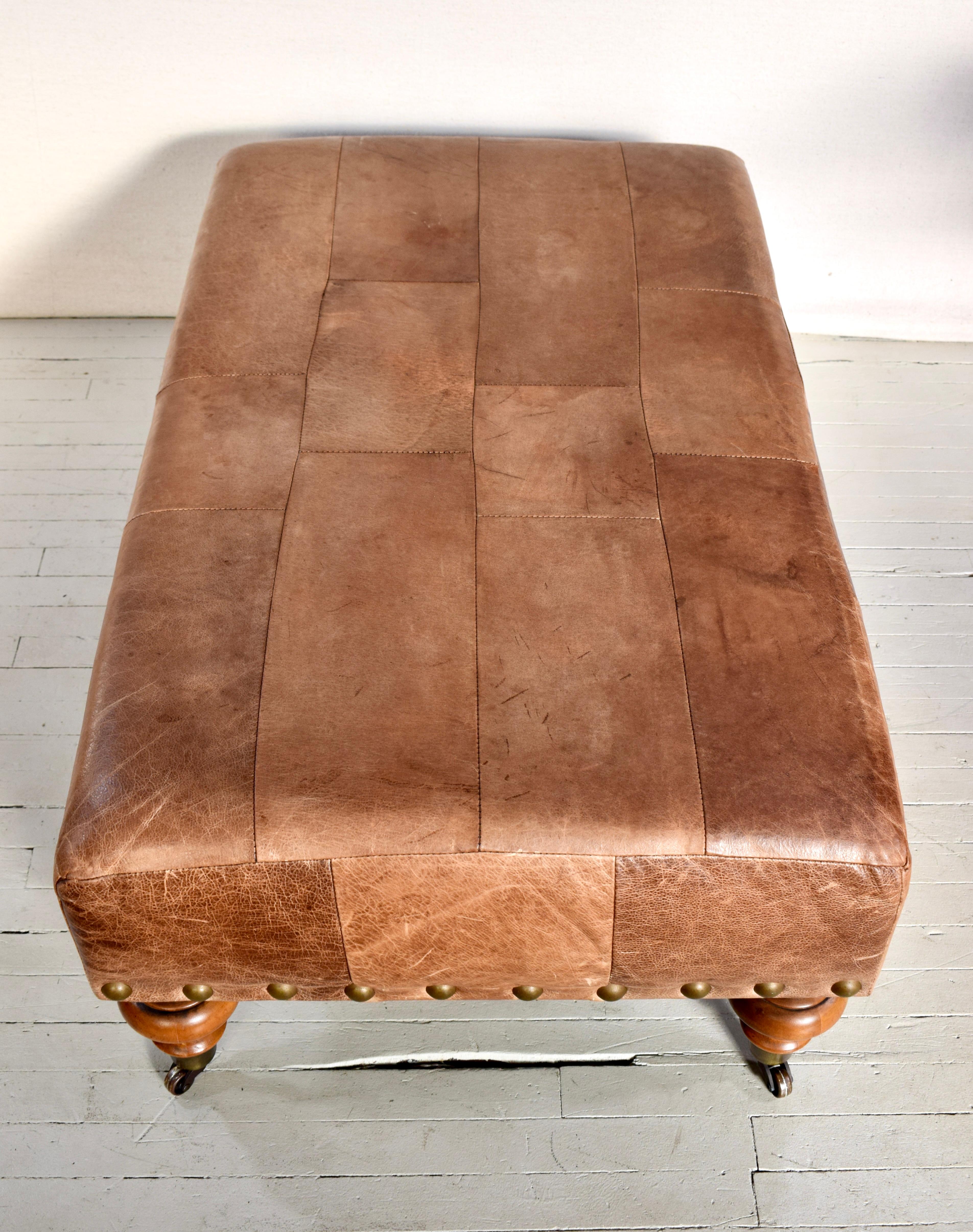 Brass Vintage Patchwork Leather Ottoman on Casters