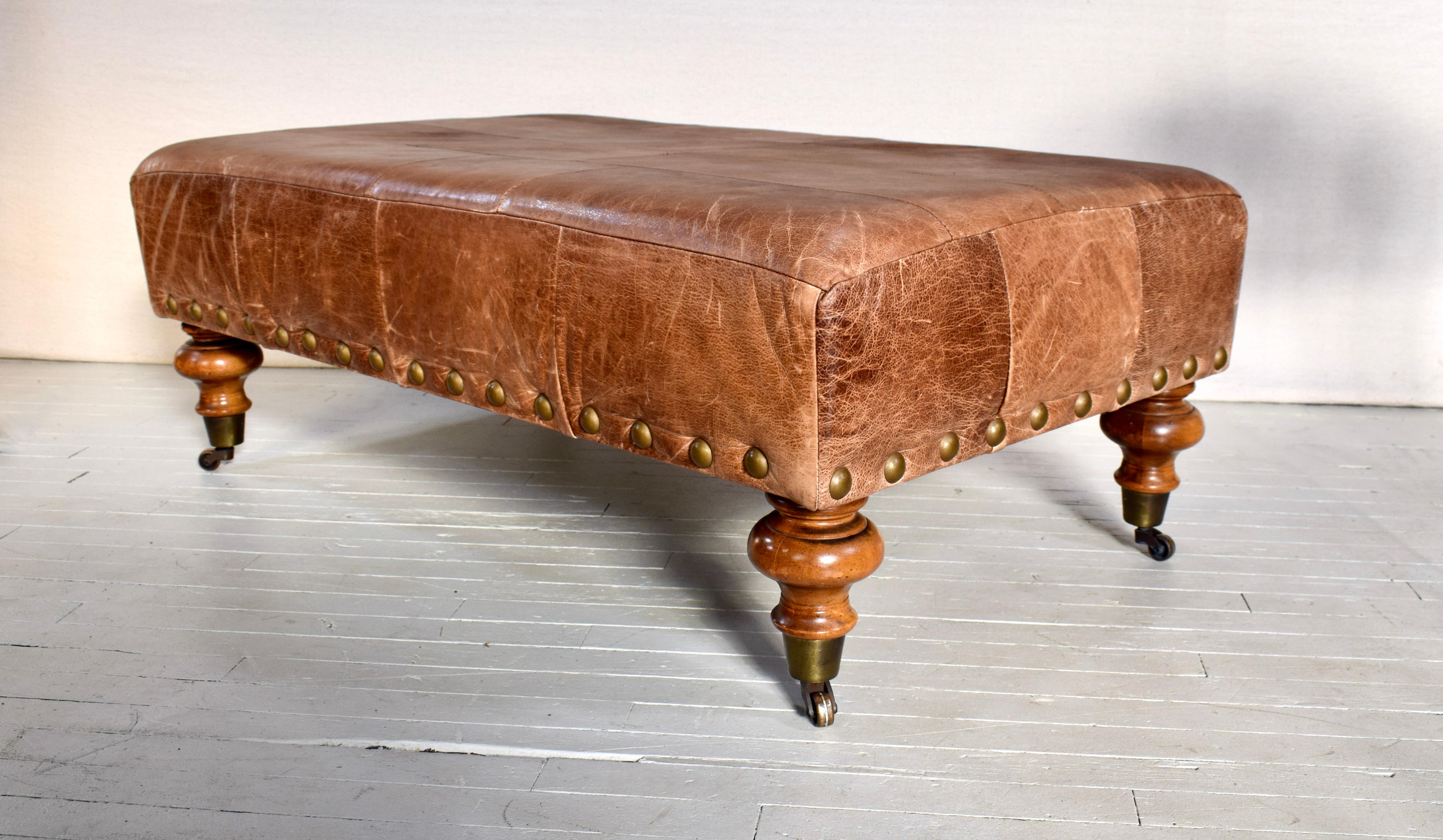 Vintage Patchwork Leather Ottoman on Casters 1