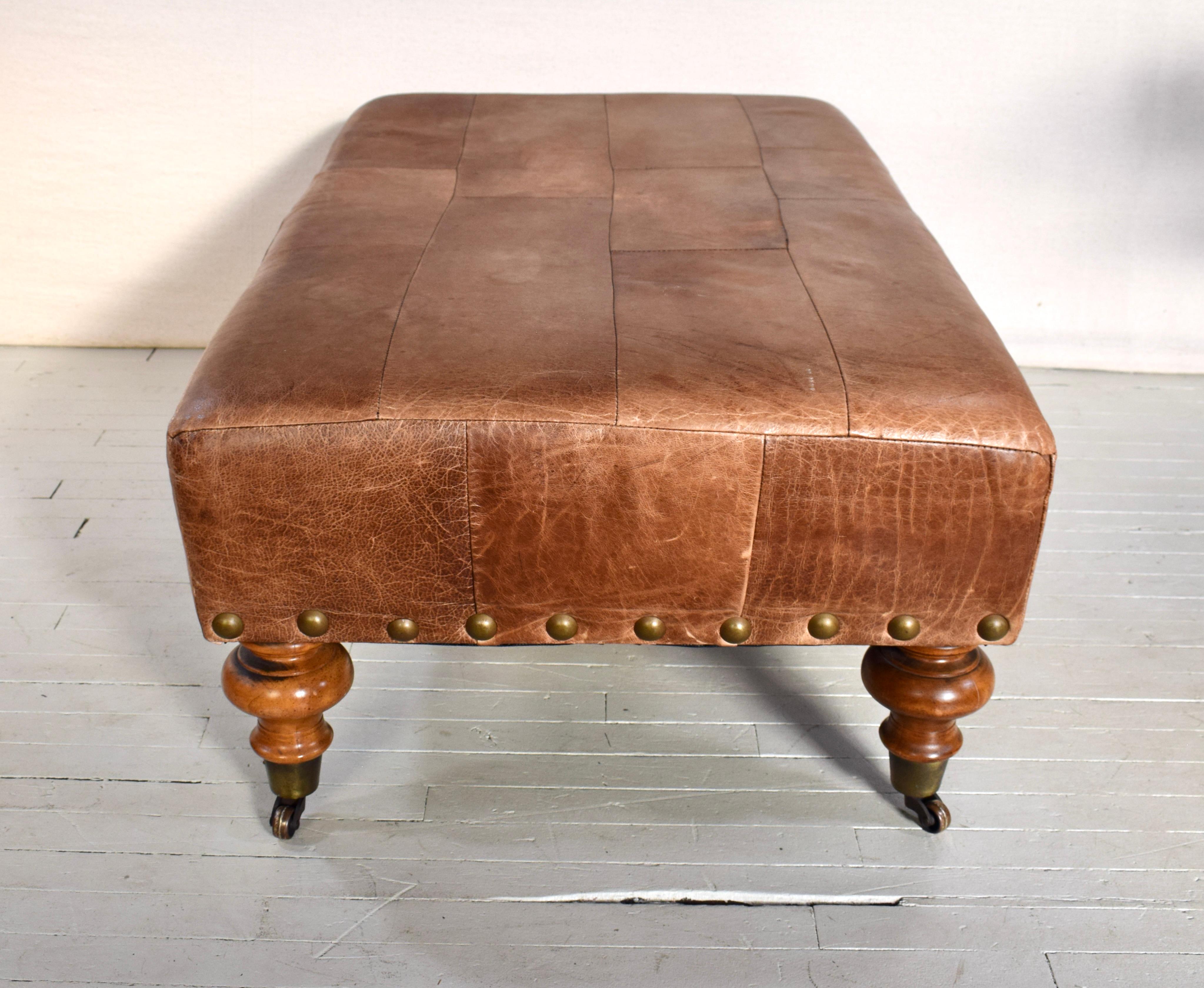 Vintage Patchwork Leather Ottoman on Casters 2